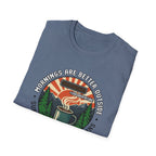 Mornings Are Better Outside T-shirt - Sunrise. Coffee. Mountains Retro Game Design
