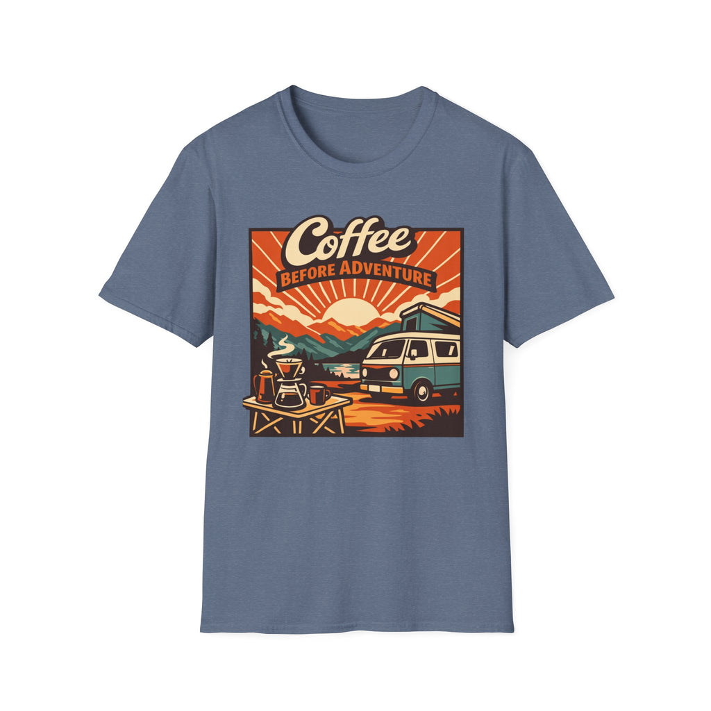 Coffee Before Adventure T-Shirt | Camper Van, Sunrise Camping Graphic
