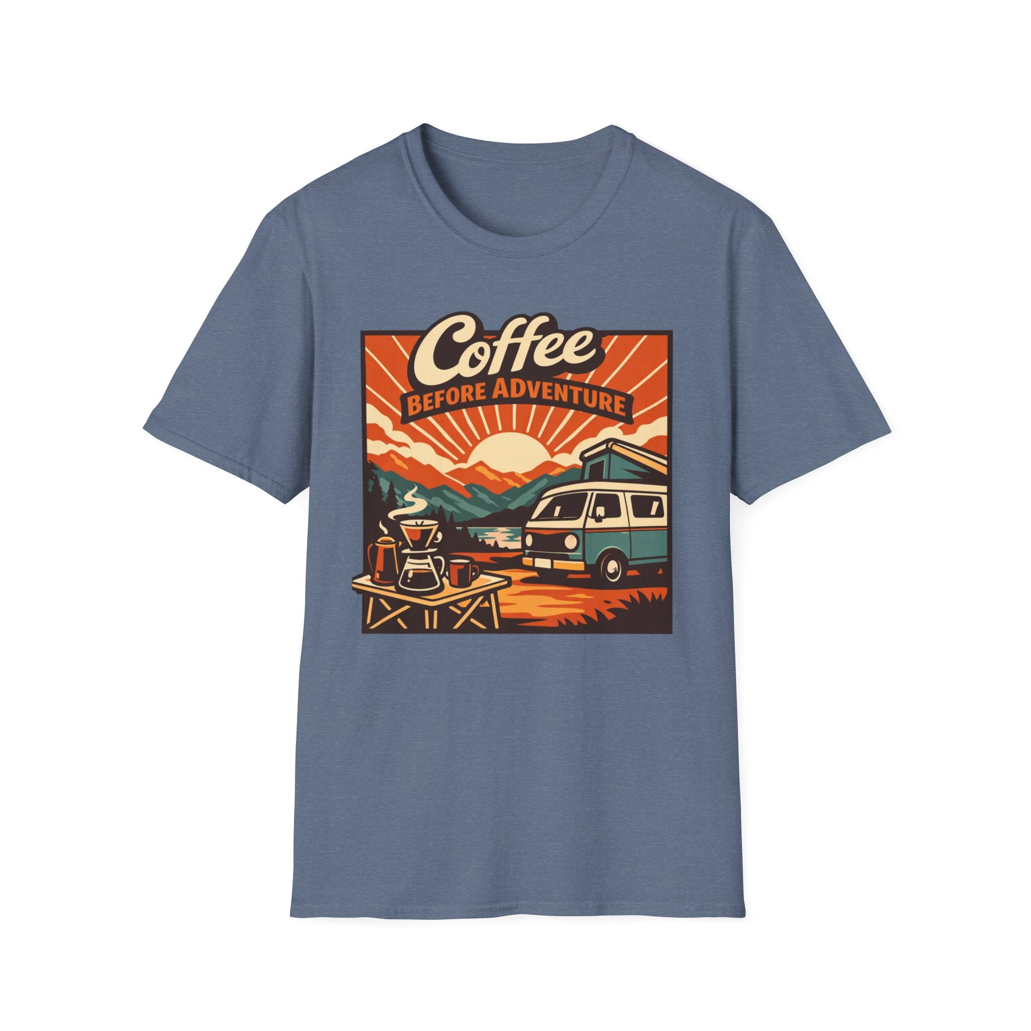 Coffee Before Adventure T-Shirt | Camper Van, Sunrise Camping Graphic