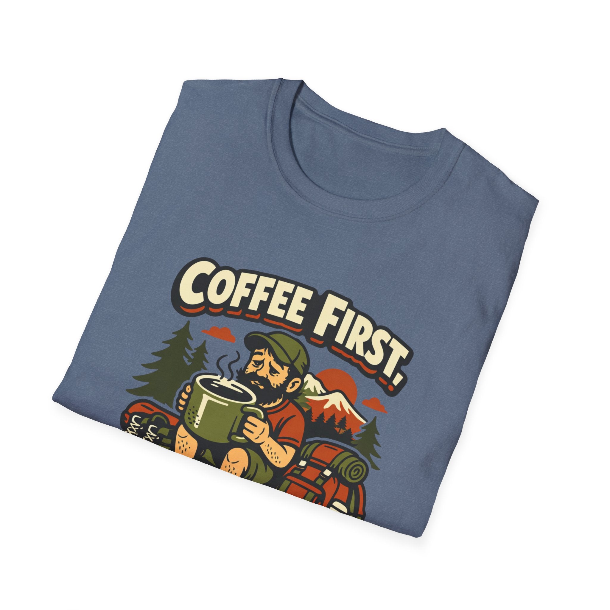 Coffee First Hike Later T-Shirt | Bearded Man Hiker