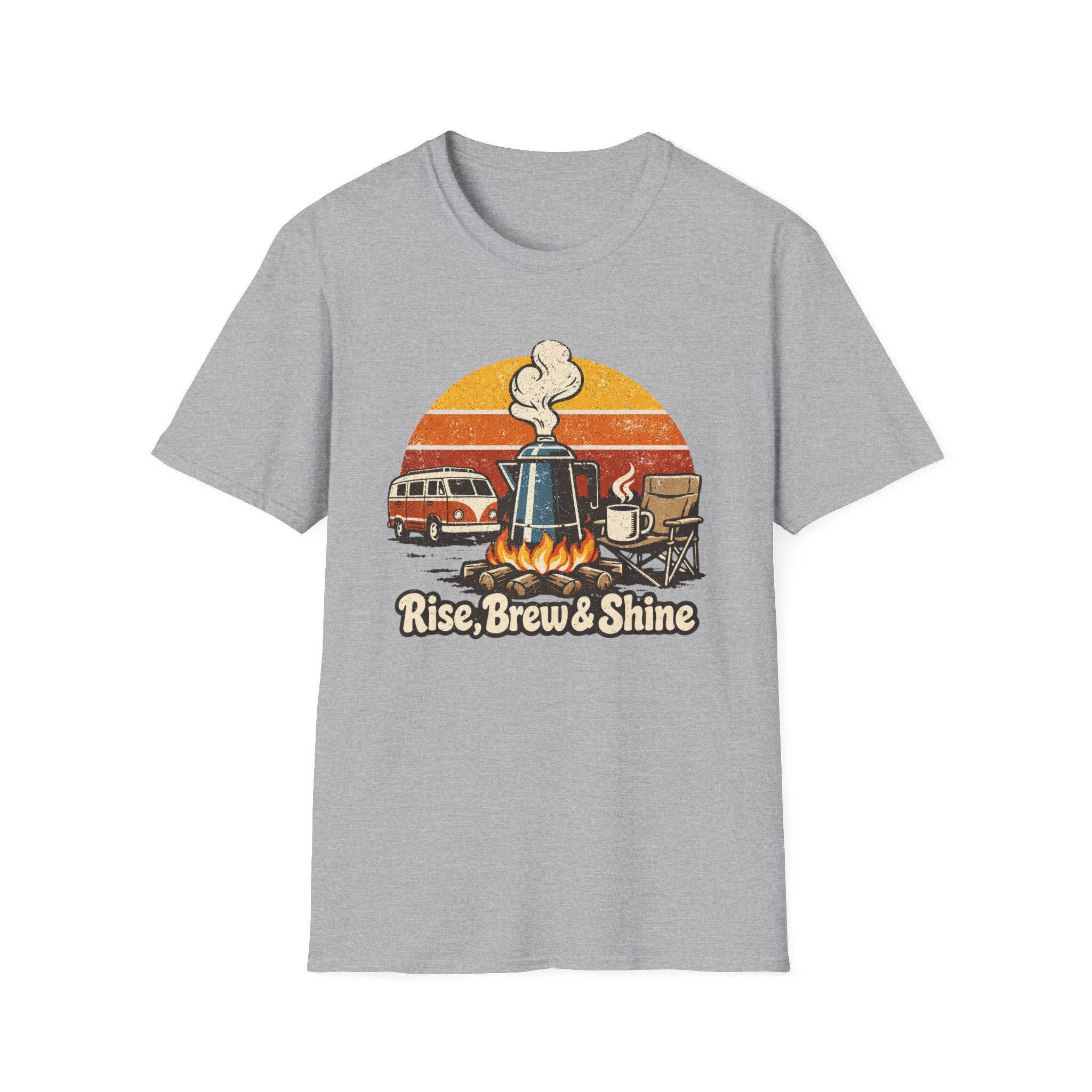 Retro Camping Coffee Break Illustration Rise Brew And Shine T-Shirt