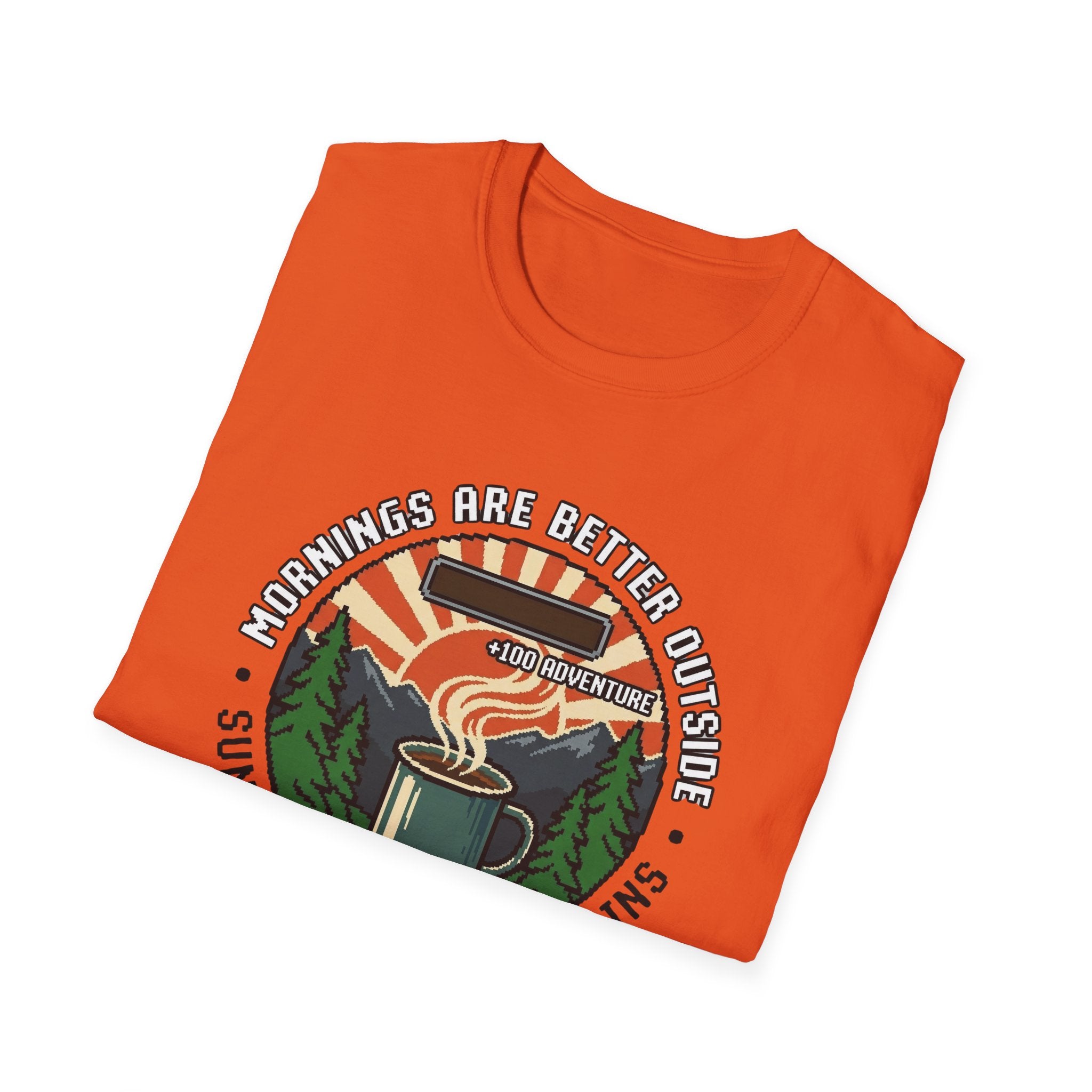 Mornings Are Better Outside T-shirt - Sunrise. Coffee. Mountains Retro Game Design