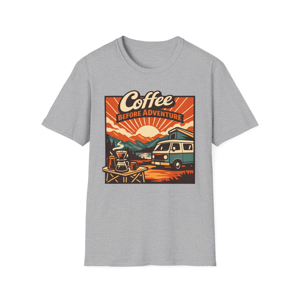 Coffee Before Adventure T-Shirt | Camper Van, Sunrise Camping Graphic