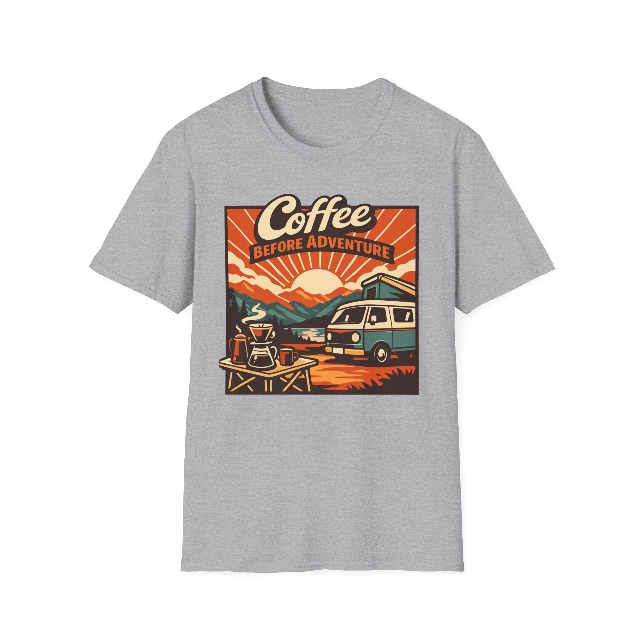 Coffee Before Adventure T-Shirt | Camper Van, Sunrise Camping Graphic