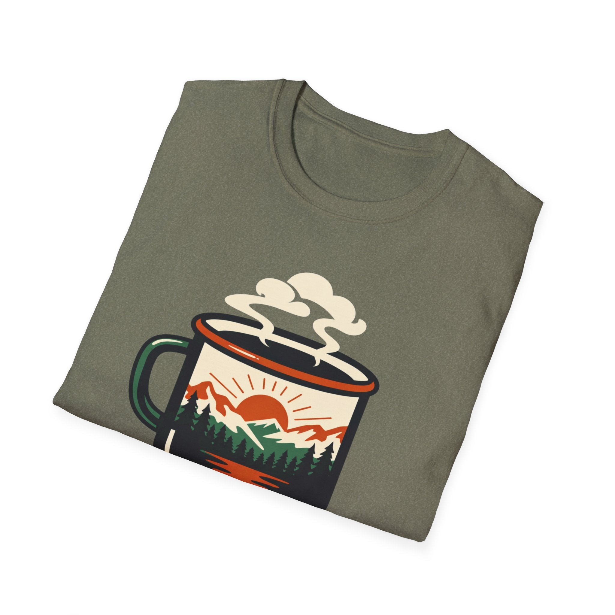 Morning Fuel Coffee T-Shirt — Mountains & Sunrise Graphic
