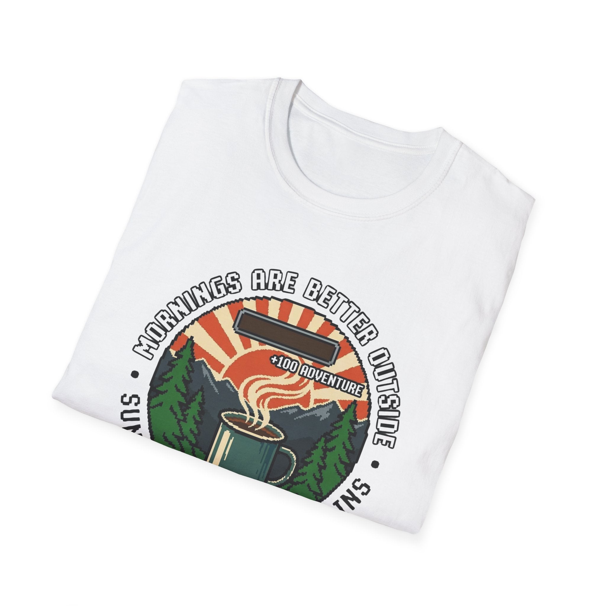 Mornings Are Better Outside T-shirt - Sunrise. Coffee. Mountains Retro Game Design