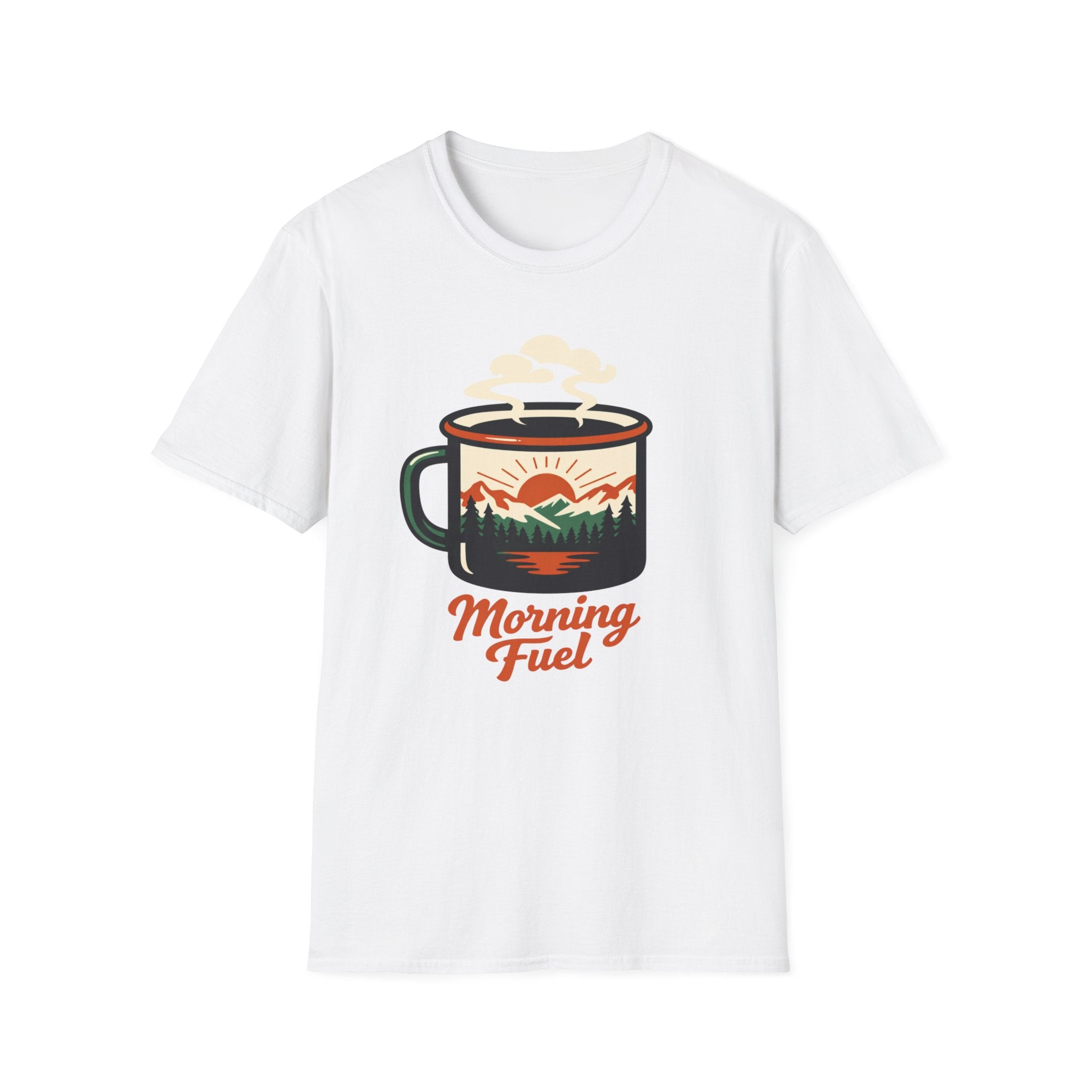 Morning Fuel Coffee T-Shirt — Mountains & Sunrise Graphic