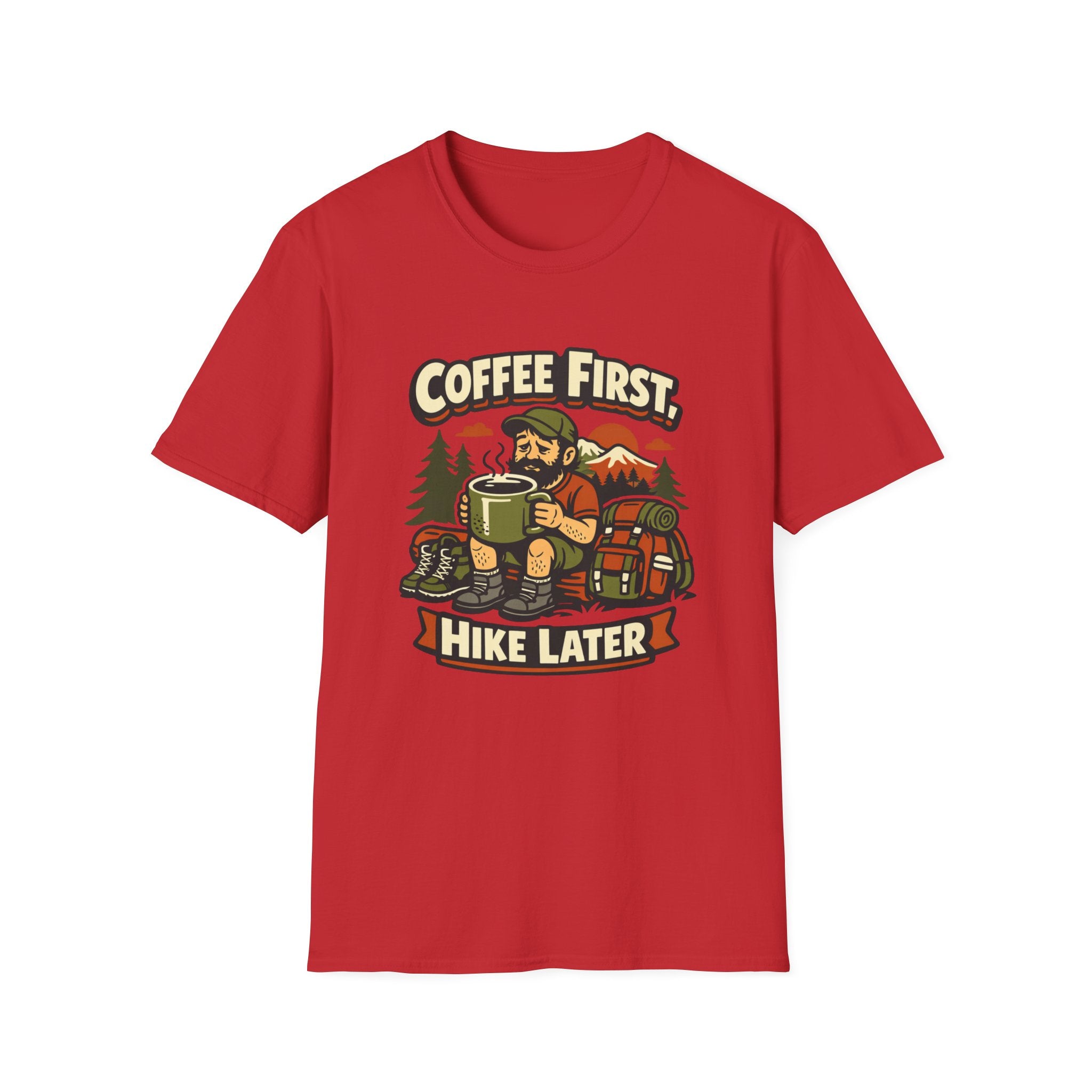 Coffee First Hike Later T-Shirt | Bearded Man Hiker