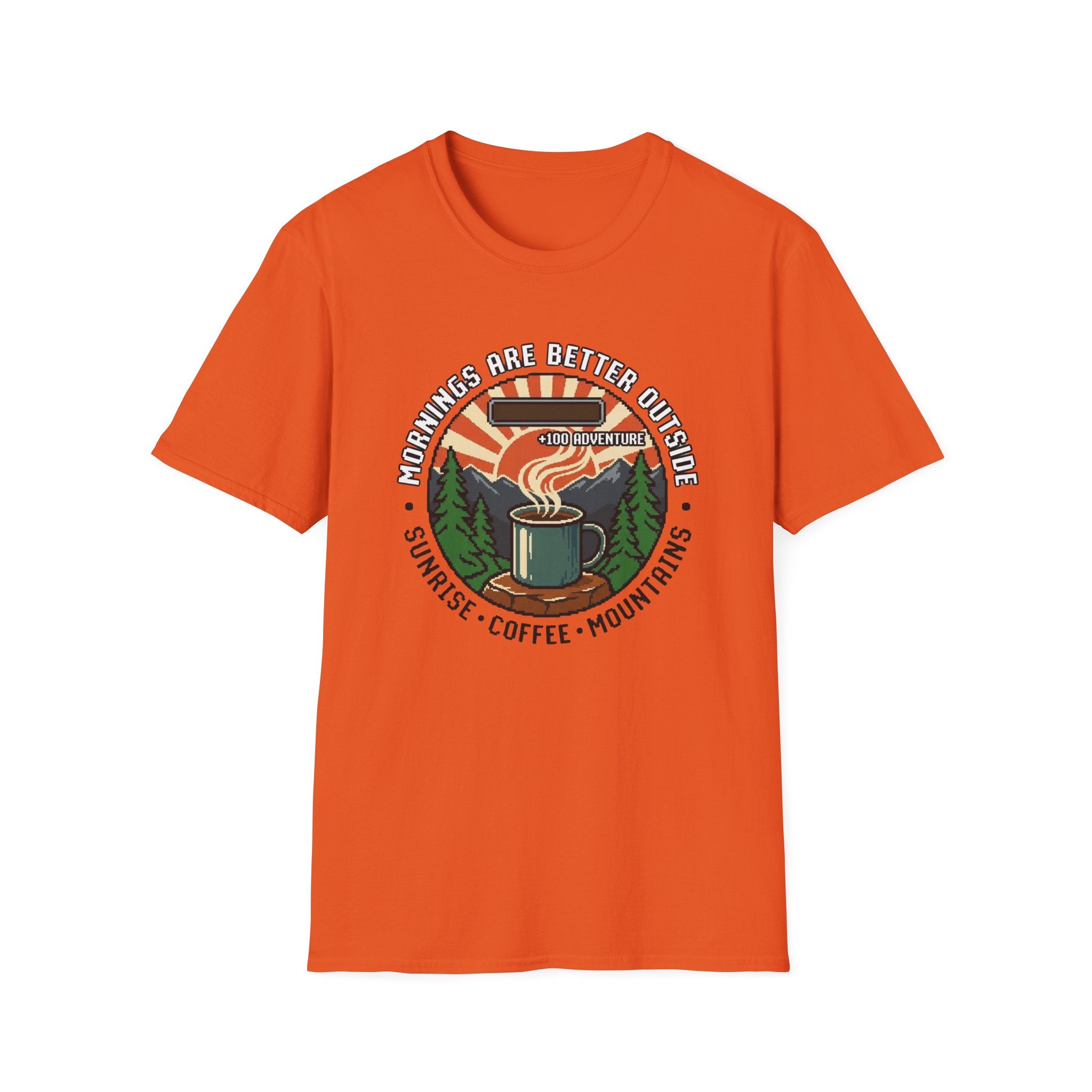 Mornings Are Better Outside T-shirt - Sunrise. Coffee. Mountains Retro Game Design