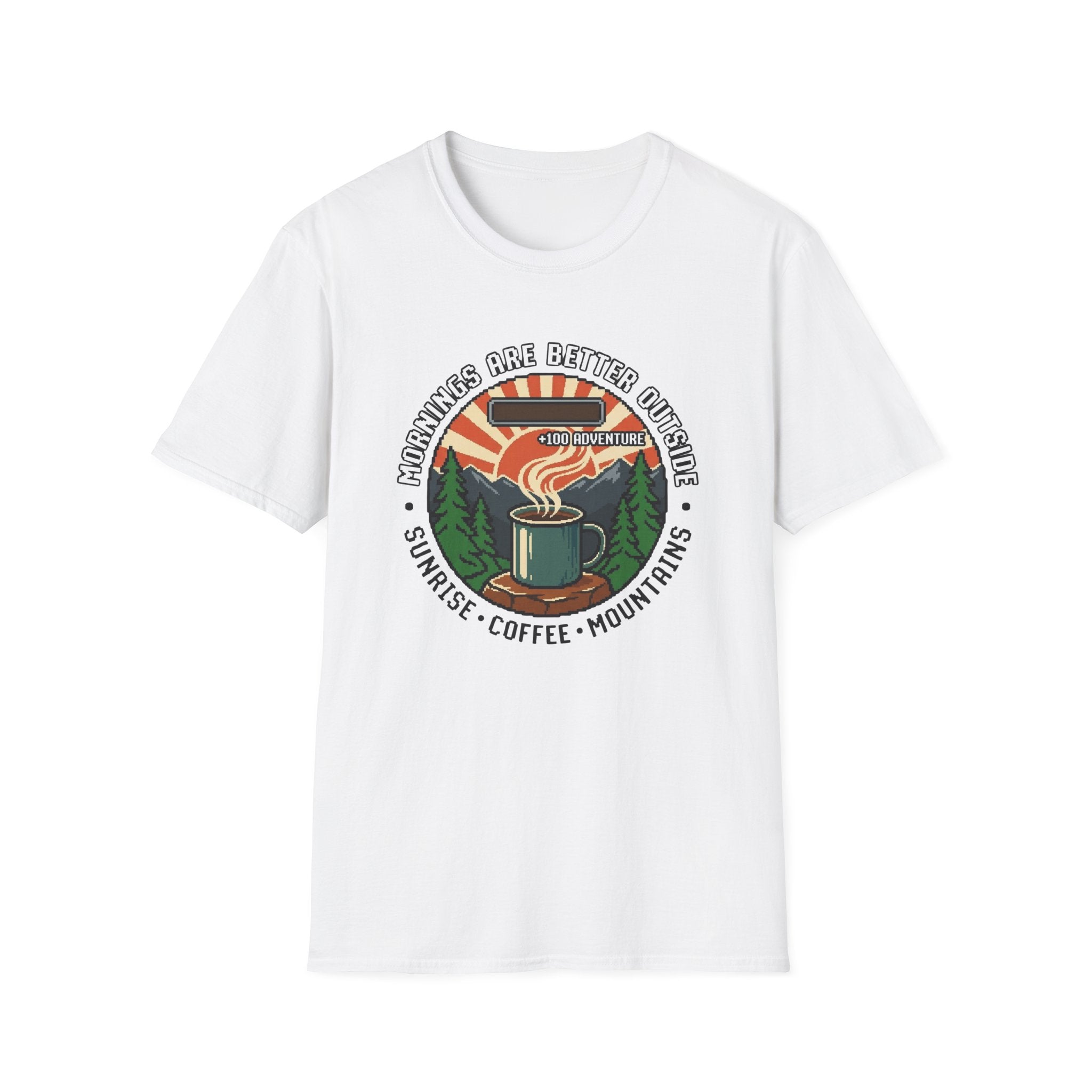 Mornings Are Better Outside T-shirt - Sunrise. Coffee. Mountains Retro Game Design