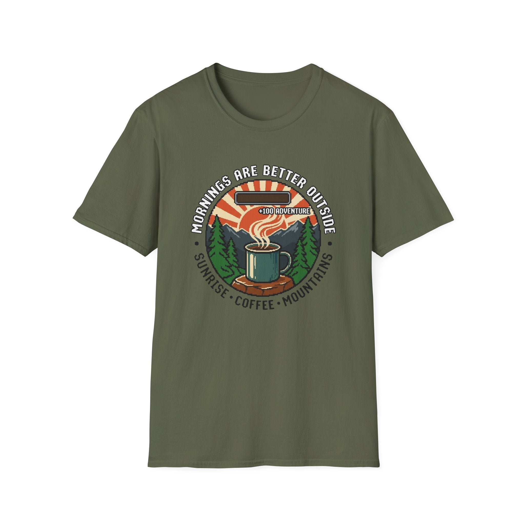 Mornings Are Better Outside T-shirt - Sunrise. Coffee. Mountains Retro Game Design