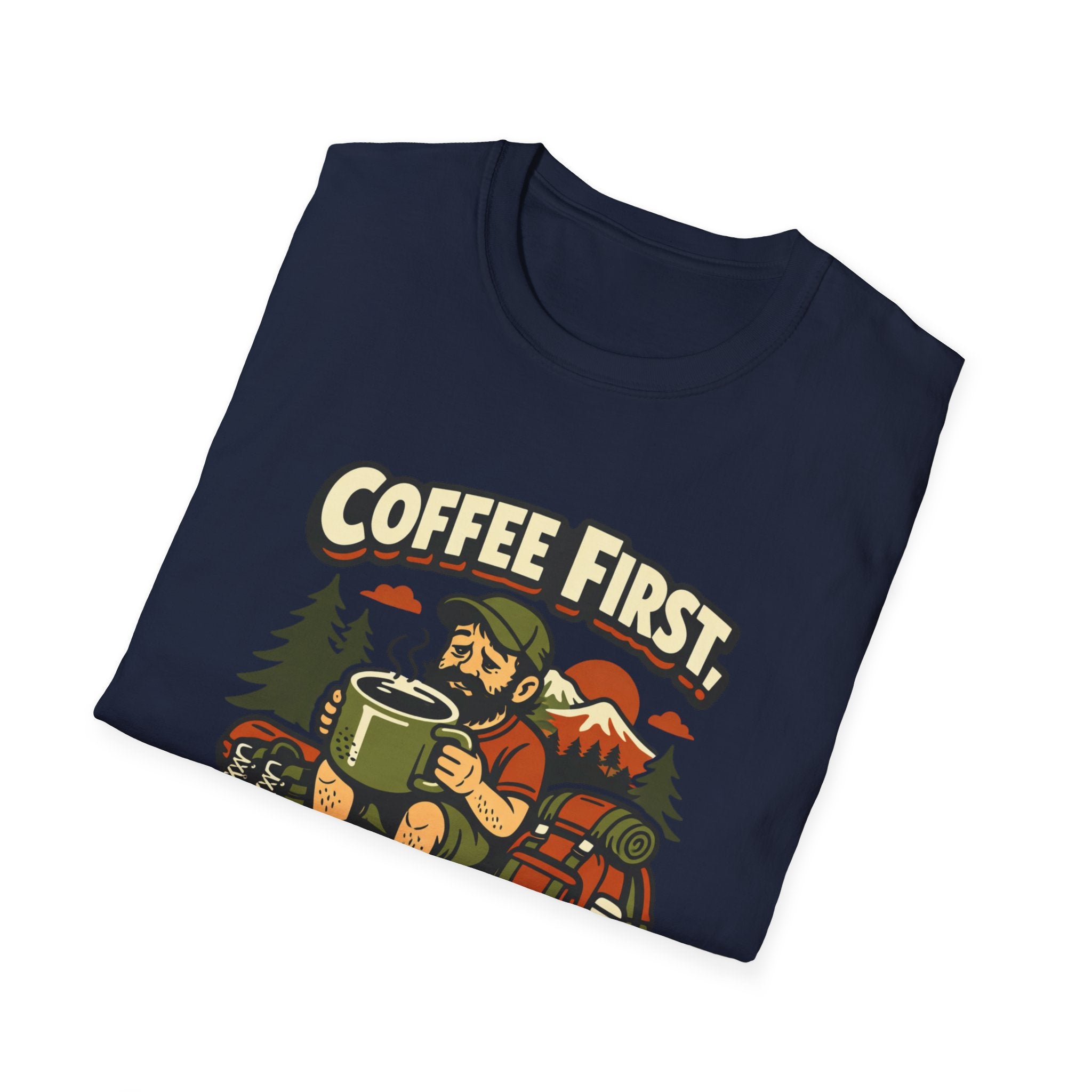 Coffee First Hike Later T-Shirt | Bearded Man Hiker