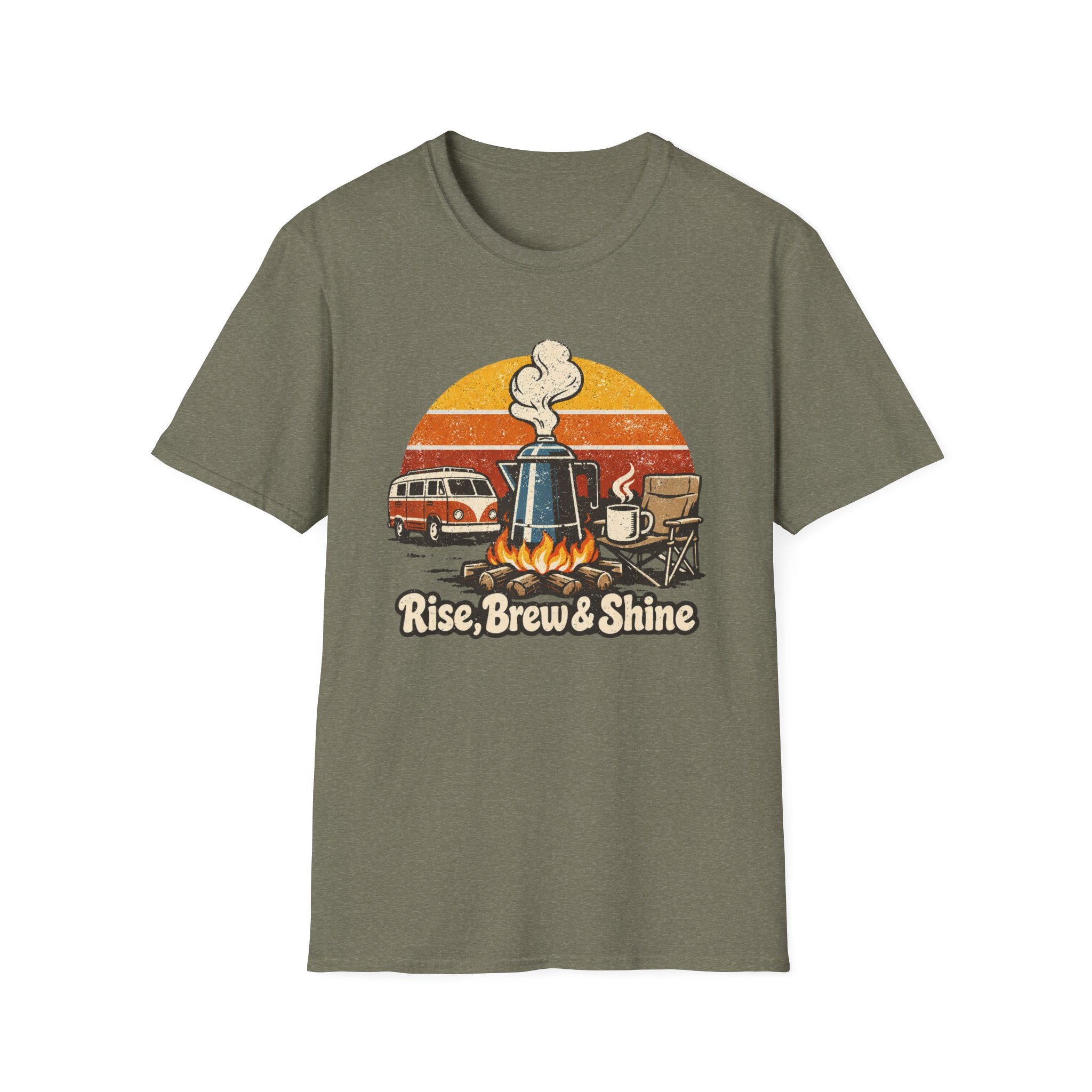Retro Camping Coffee Break Illustration Rise Brew And Shine T-Shirt