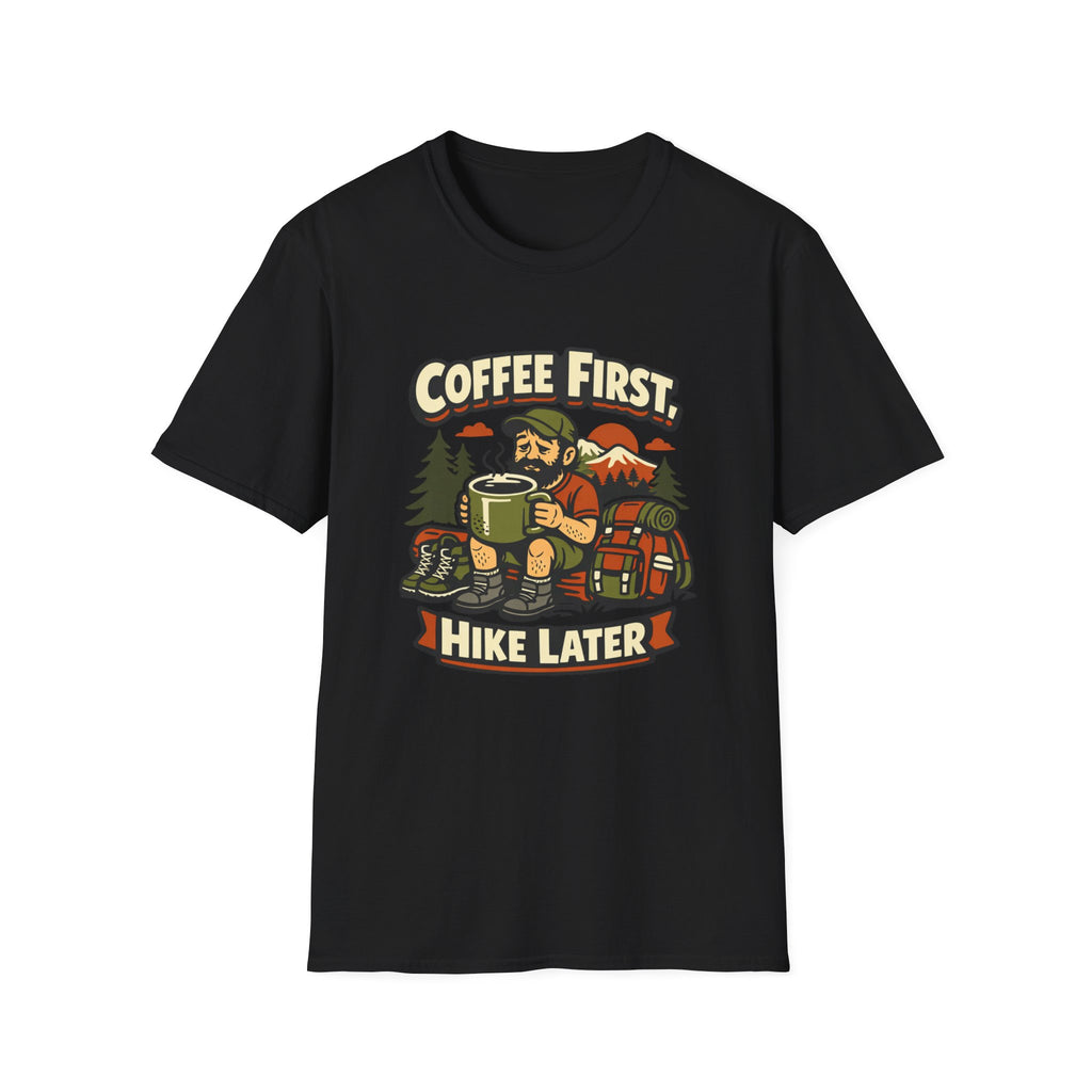 Coffee First Hike Later T-Shirt | Bearded Man Hiker