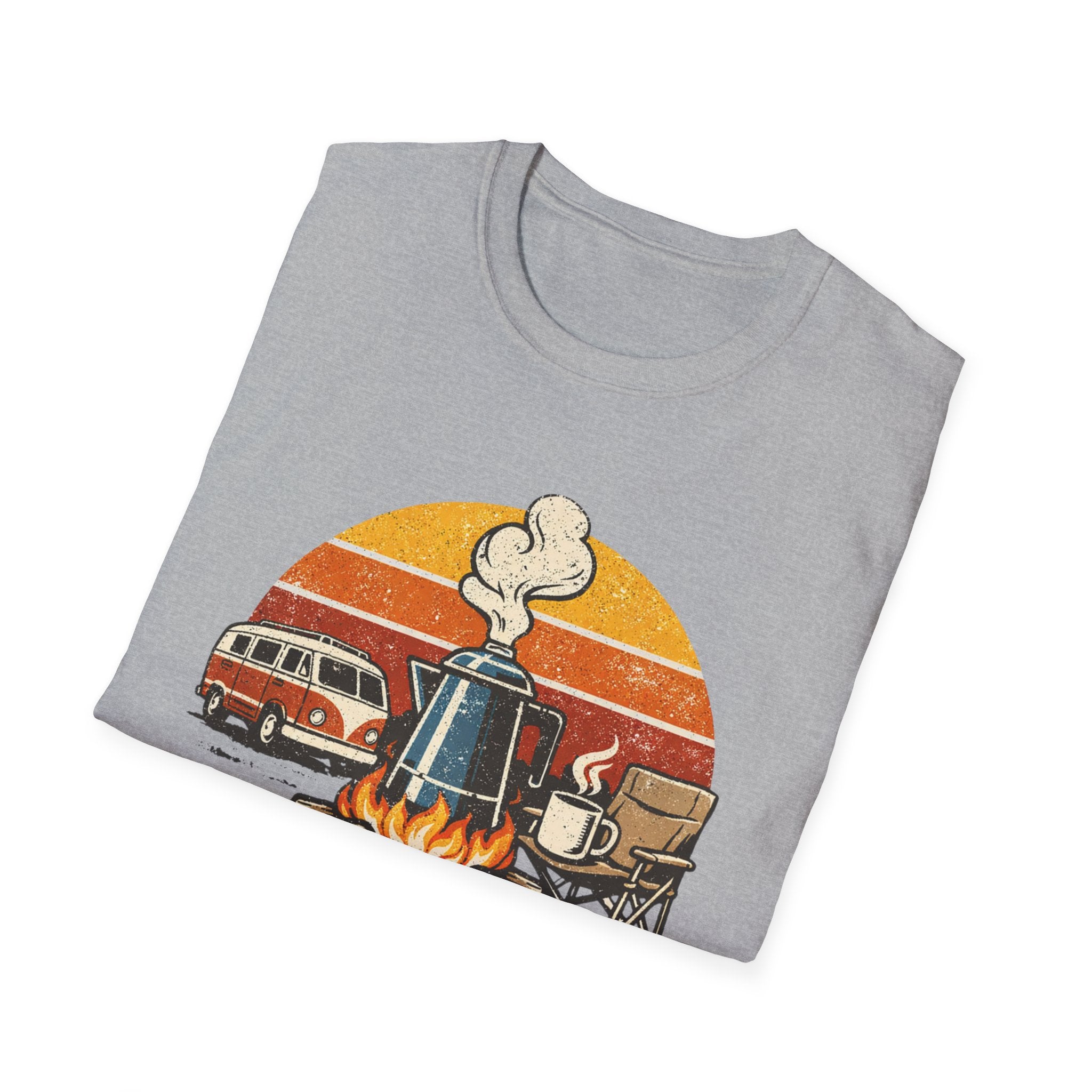 Retro Camping Coffee Break Illustration Rise Brew And Shine T-Shirt