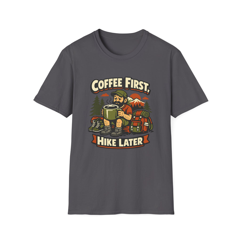 Coffee First Hike Later T-Shirt | Bearded Man Hiker
