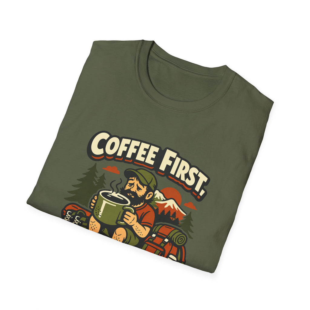Coffee First Hike Later T-Shirt | Bearded Man Hiker