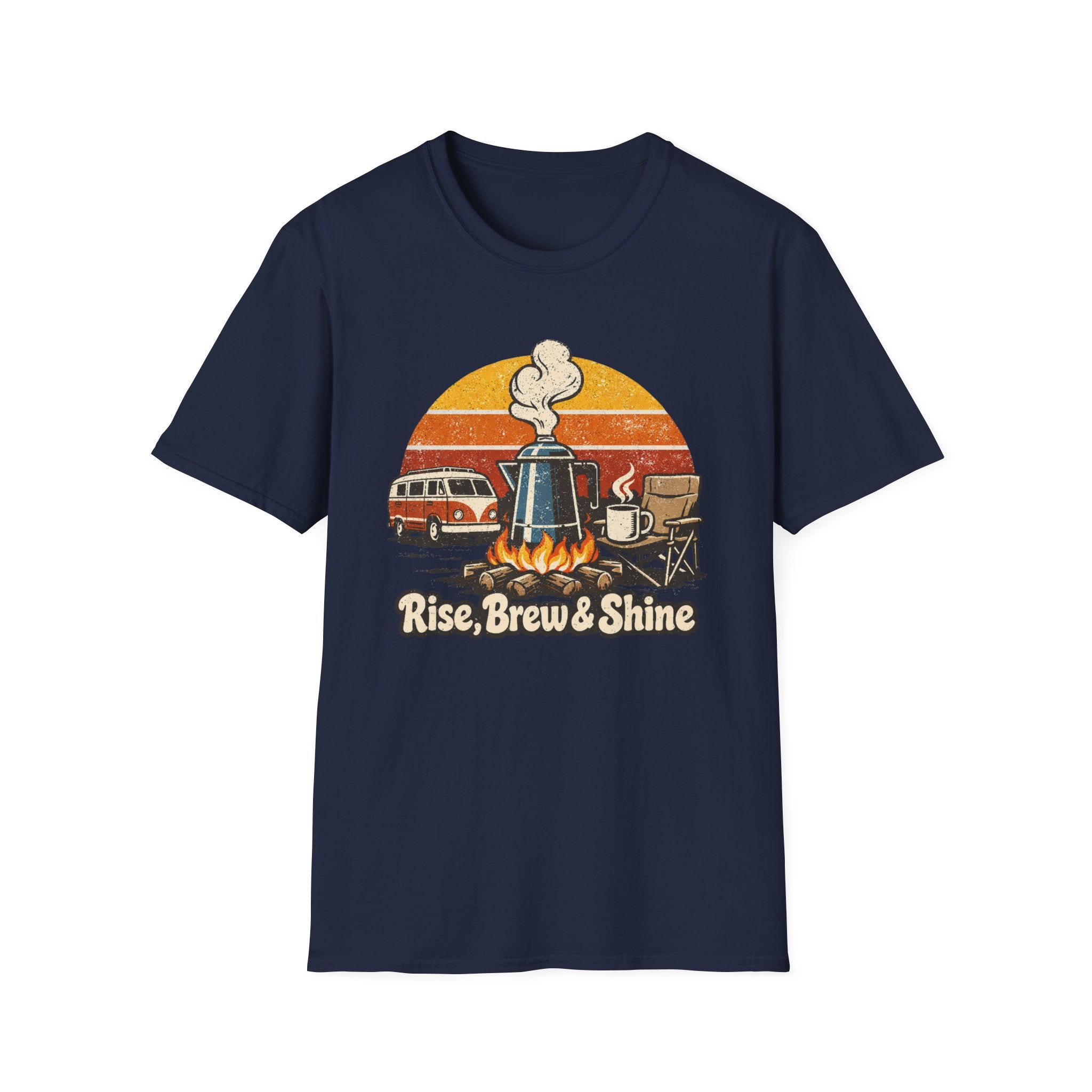 Retro Camping Coffee Break Illustration Rise Brew And Shine T-Shirt