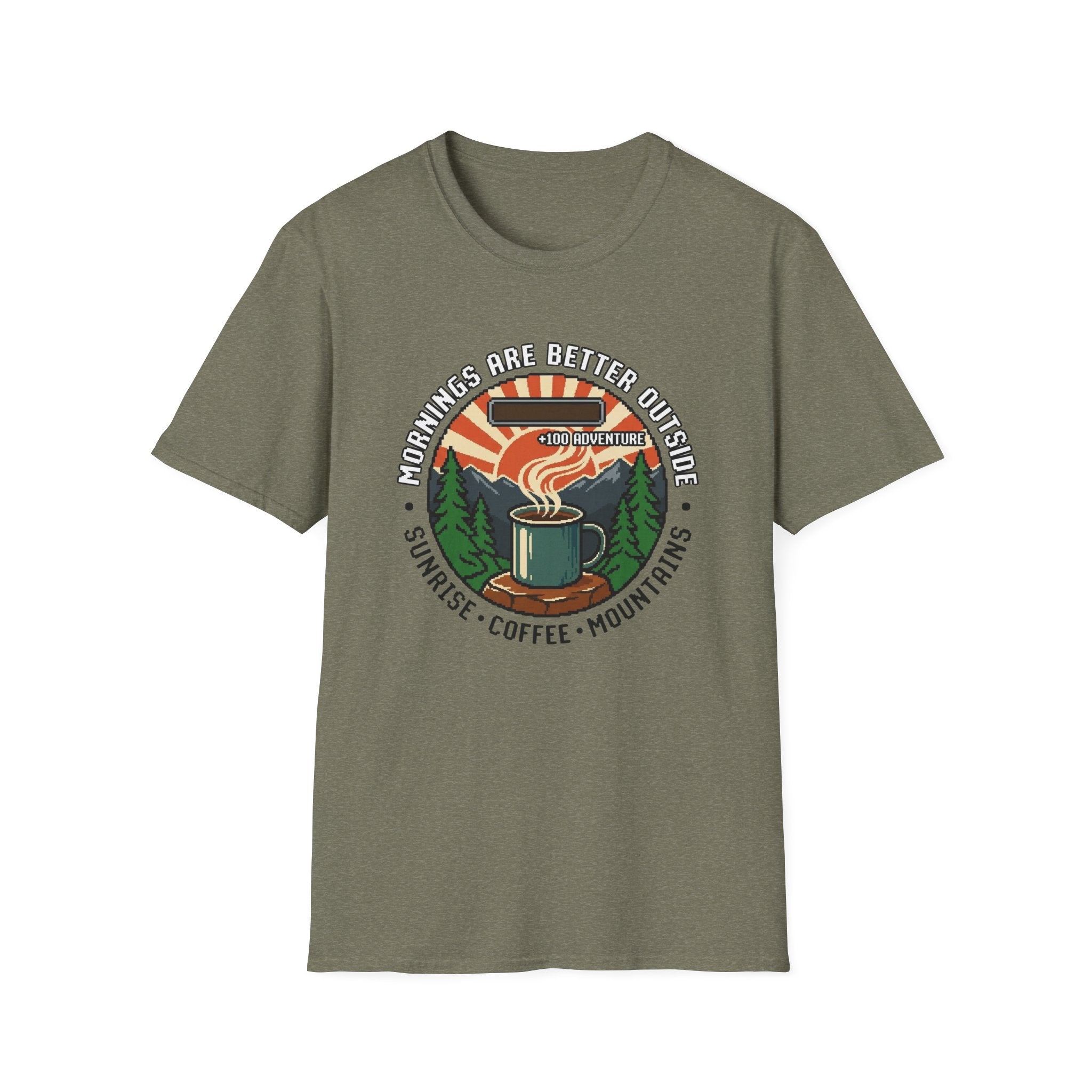 Mornings Are Better Outside T-shirt - Sunrise. Coffee. Mountains Retro Game Design