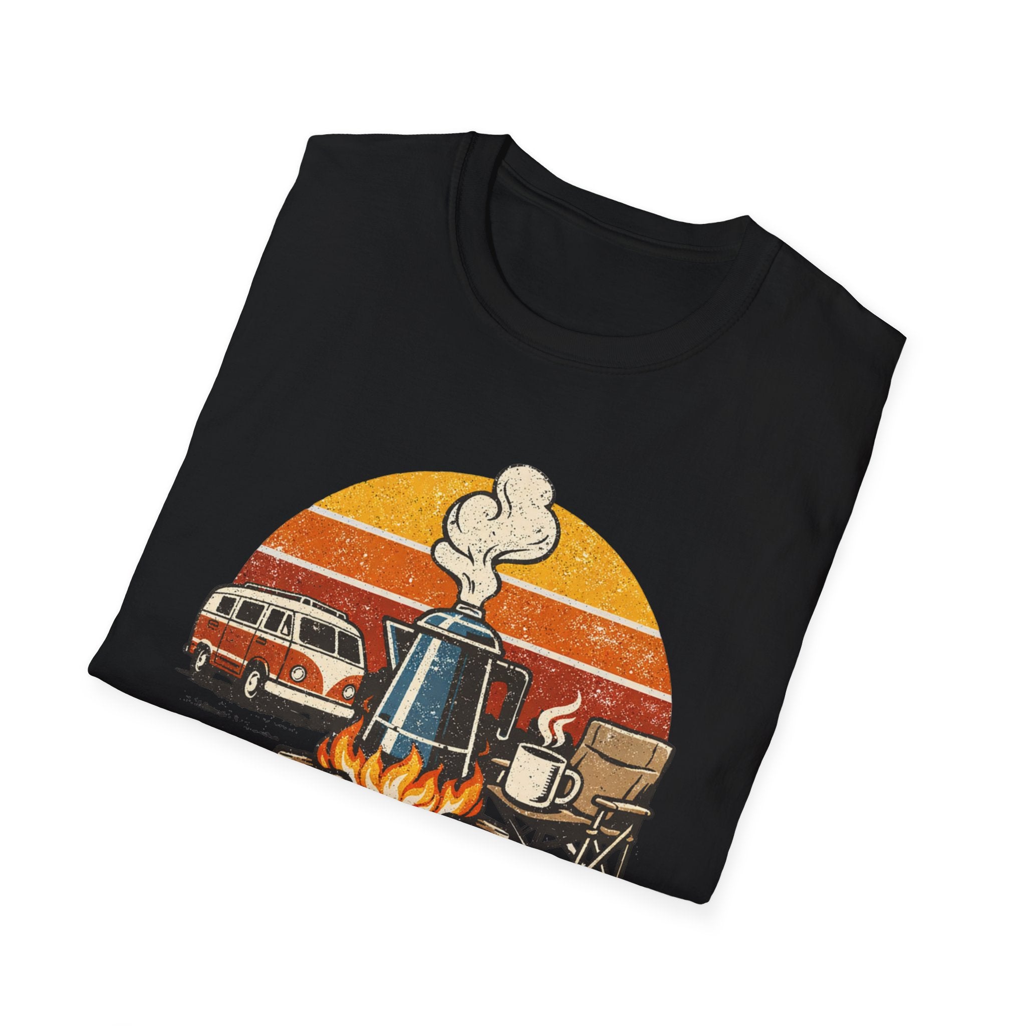 Retro Camping Coffee Break Illustration Rise Brew And Shine T-Shirt