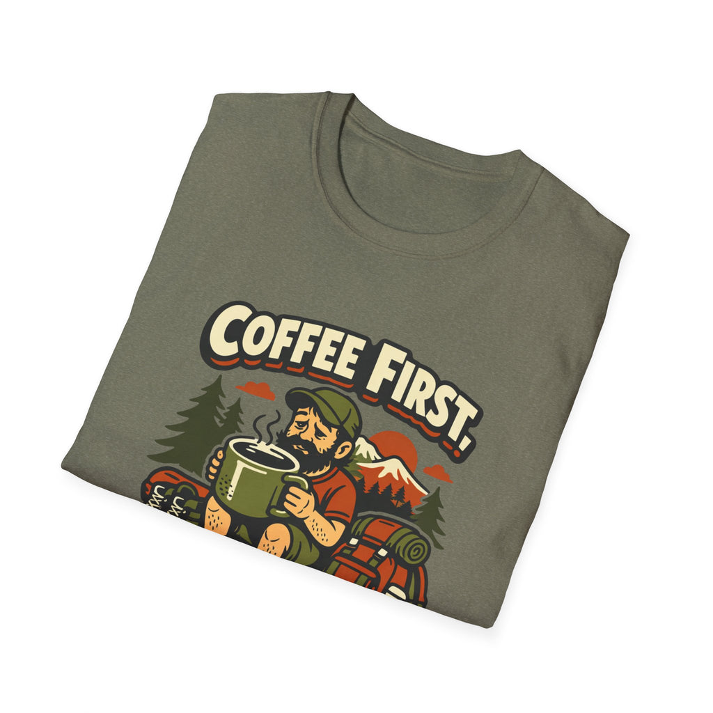 Coffee First Hike Later T-Shirt | Bearded Man Hiker
