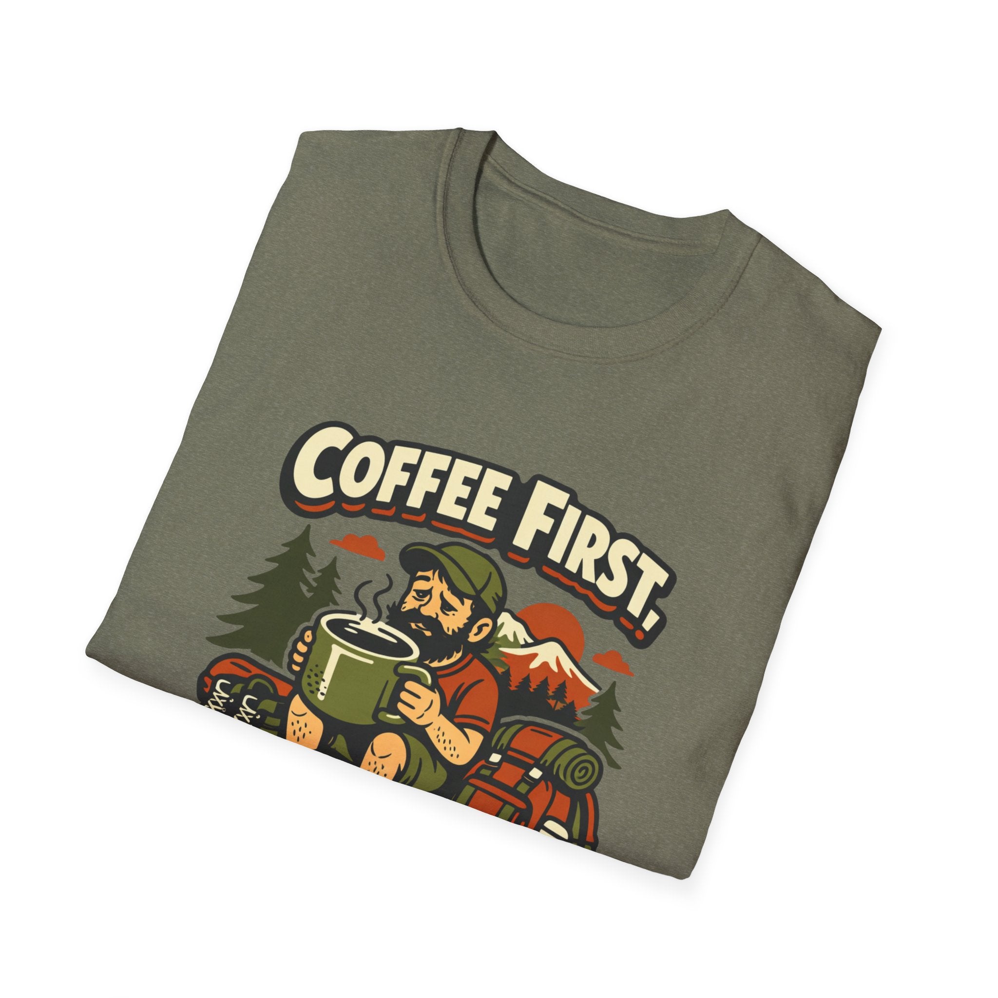 Coffee First Hike Later T-Shirt | Bearded Man Hiker