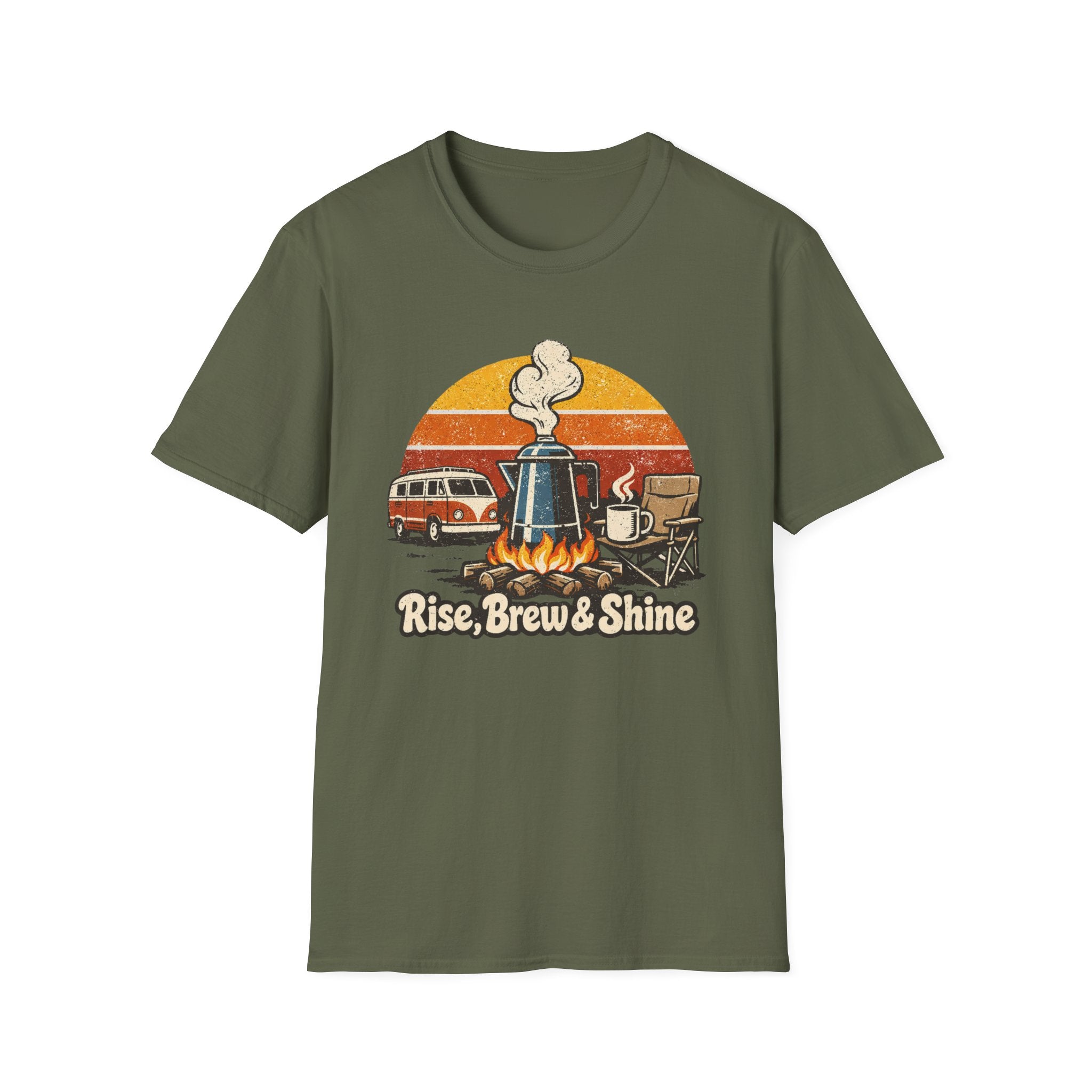 Retro Camping Coffee Break Illustration Rise Brew And Shine T-Shirt