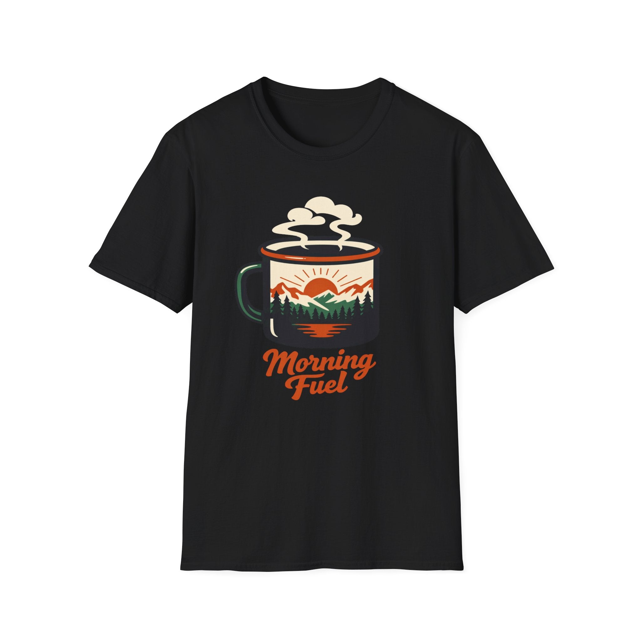 Morning Fuel Coffee T-Shirt — Mountains & Sunrise Graphic