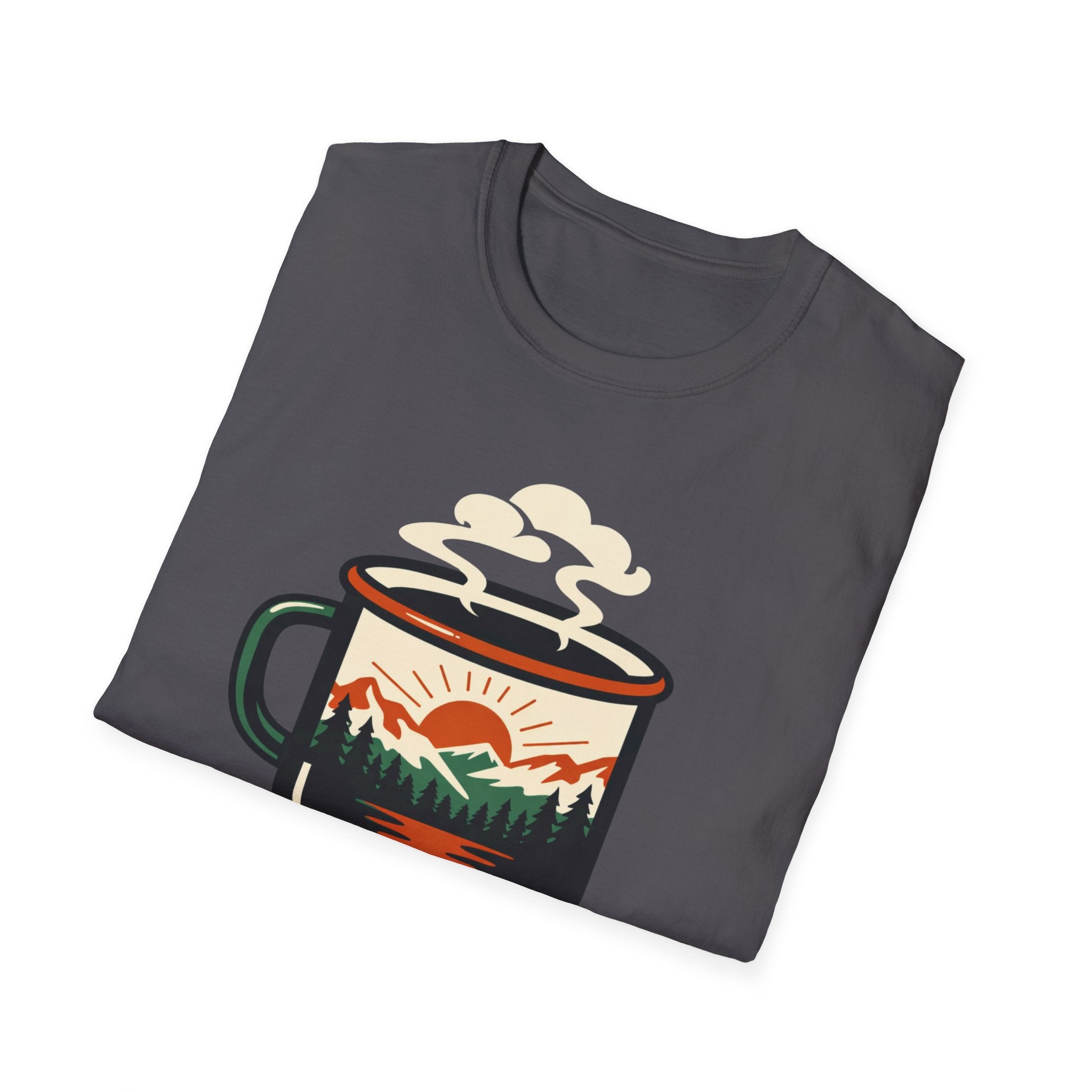 Morning Fuel Coffee T-Shirt — Mountains & Sunrise Graphic