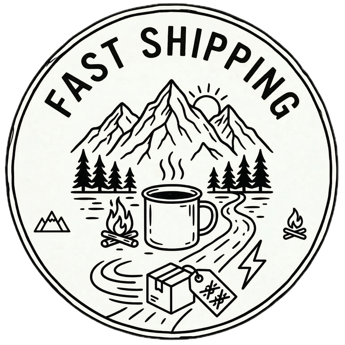 Circular logo with mountain, trees, campfire, and mug design, featuring 'Fast Shipping' text.