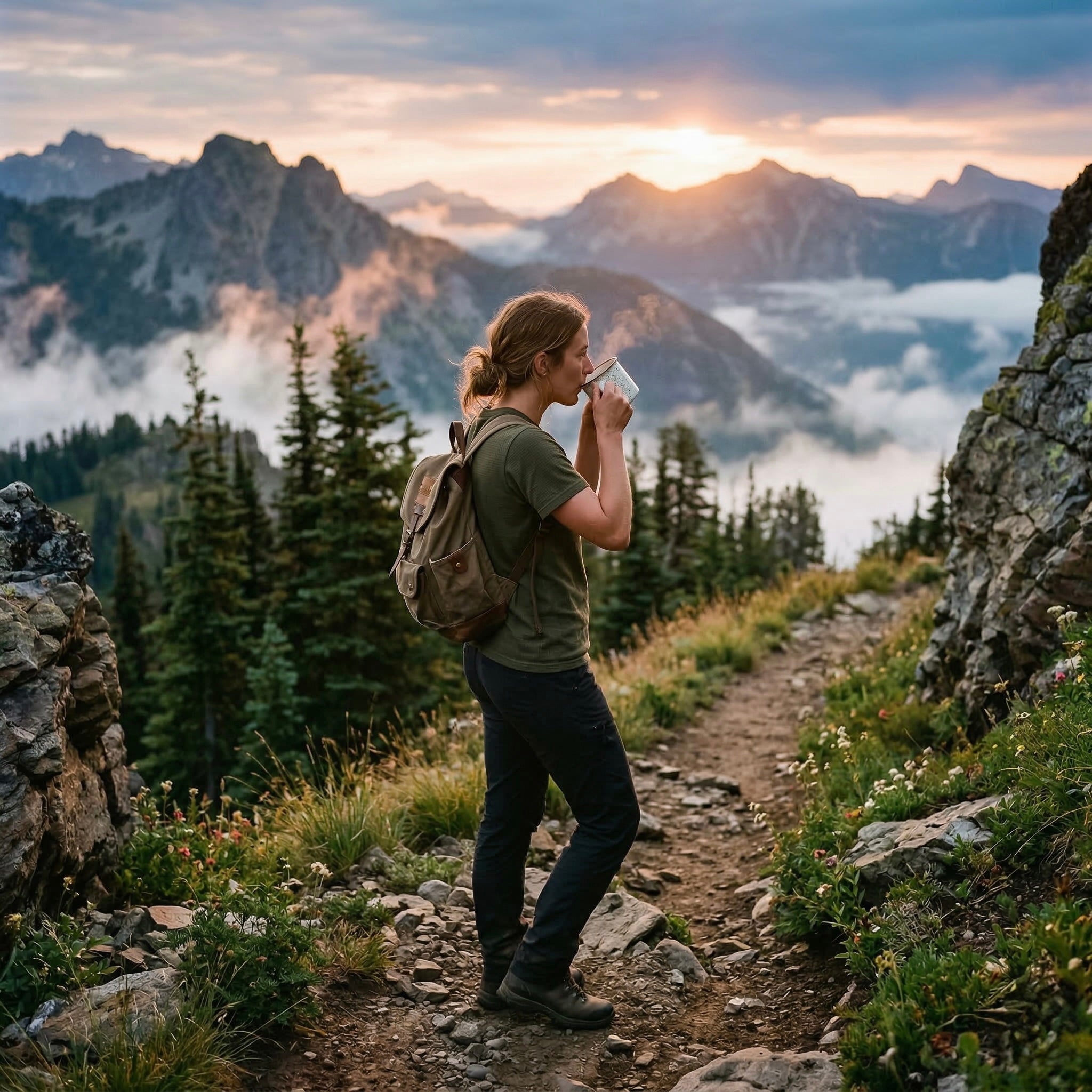 A hiker standing on a rocky mountain trail at dawn, wearing a premium olive green heavyweight t-shirt and a vintage canvas backpack. She is sipping coffee from a speckled enamel mug while looking out over a misty valley as the sun rises over jagged peaks.