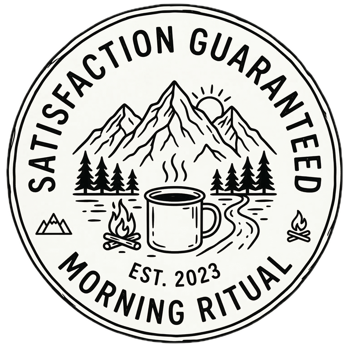 Circular logo with mountain, trees, and coffee cup design, featuring 'Satisfaction Guaranteed Morning Ritual' text.