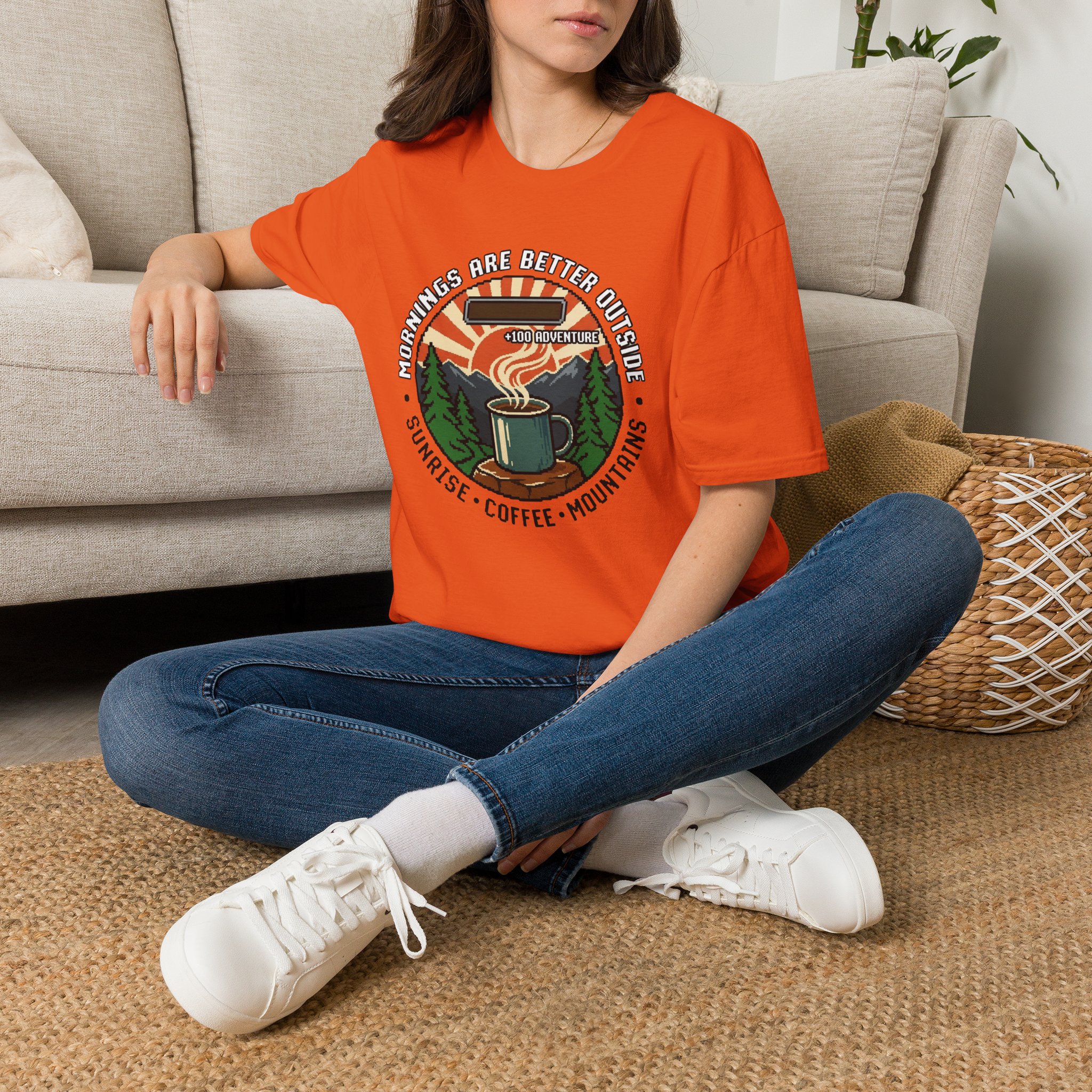 Mornings Are Better Outside T-shirt - Sunrise. Coffee. Mountains Retro Game Design - Image 10