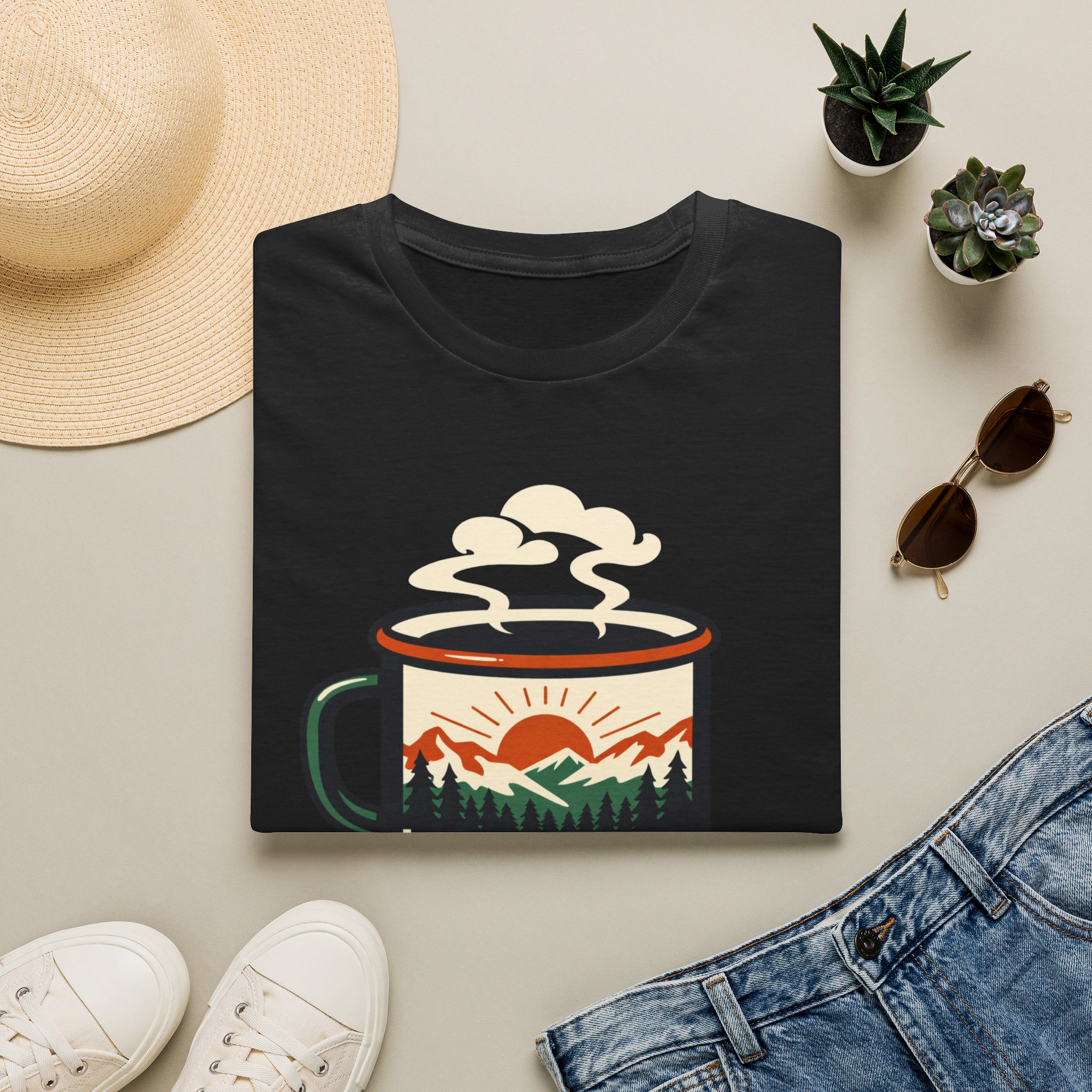 Morning Fuel Coffee T-Shirt — Mountains & Sunrise Graphic