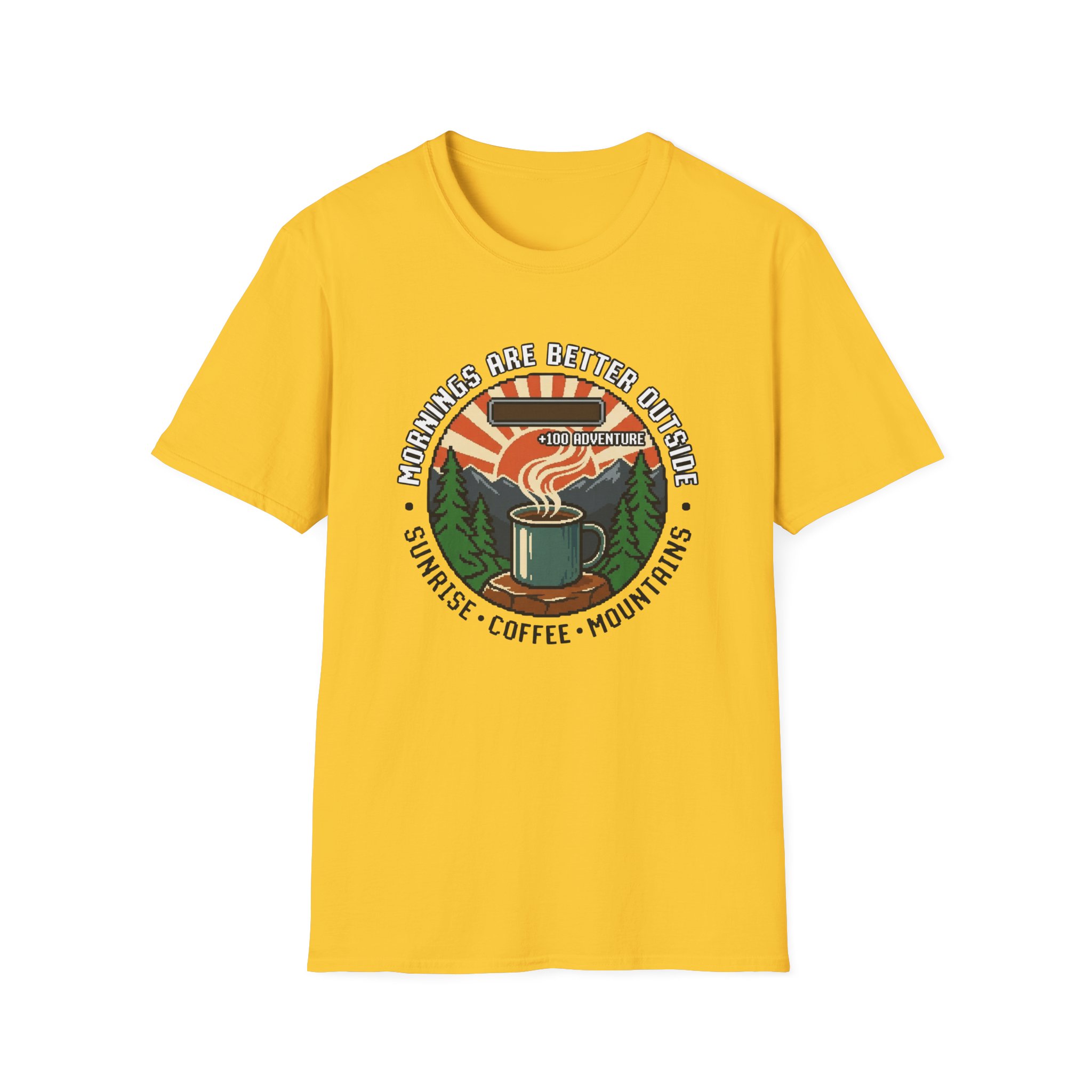 Mornings Are Better Outside T-shirt - Sunrise. Coffee. Mountains Retro Game Design - Image 15