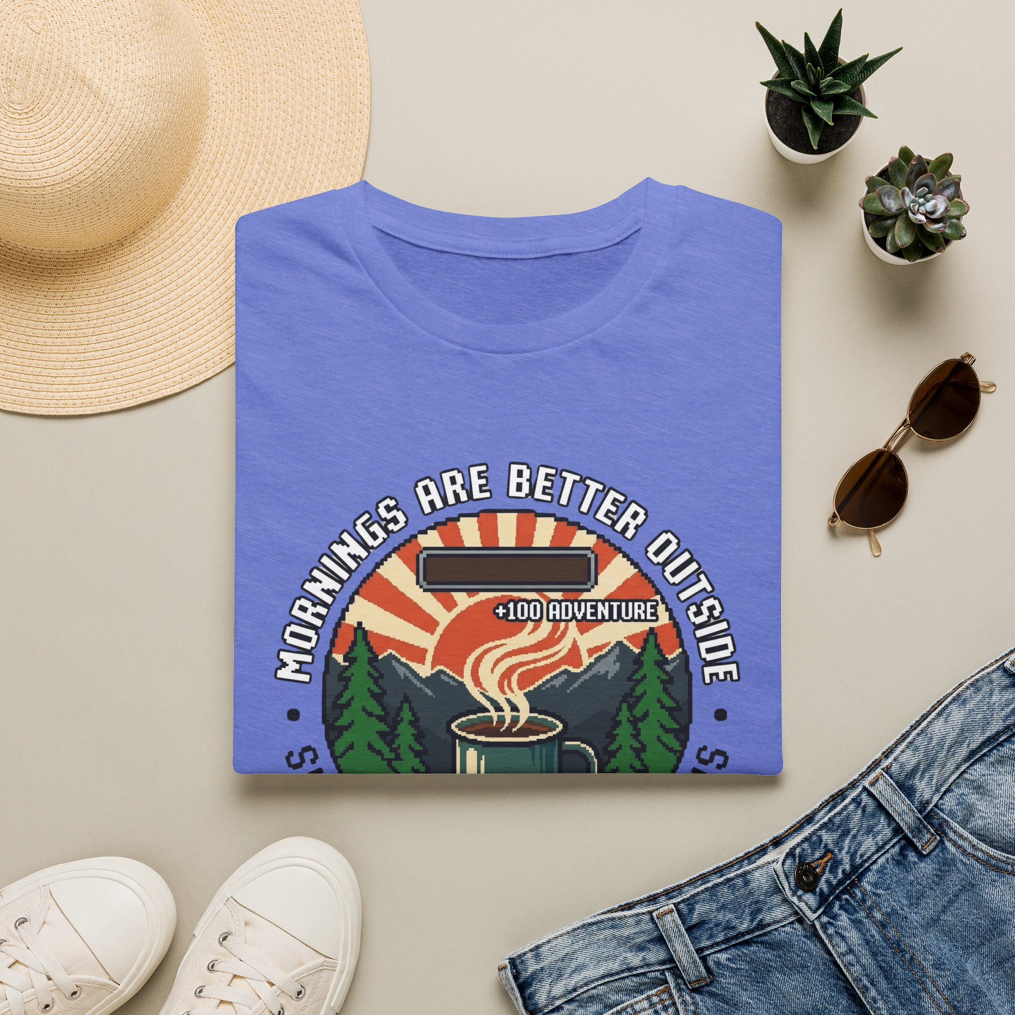 Mornings Are Better Outside T-shirt - Sunrise. Coffee. Mountains Retro Game Design - Image 29
