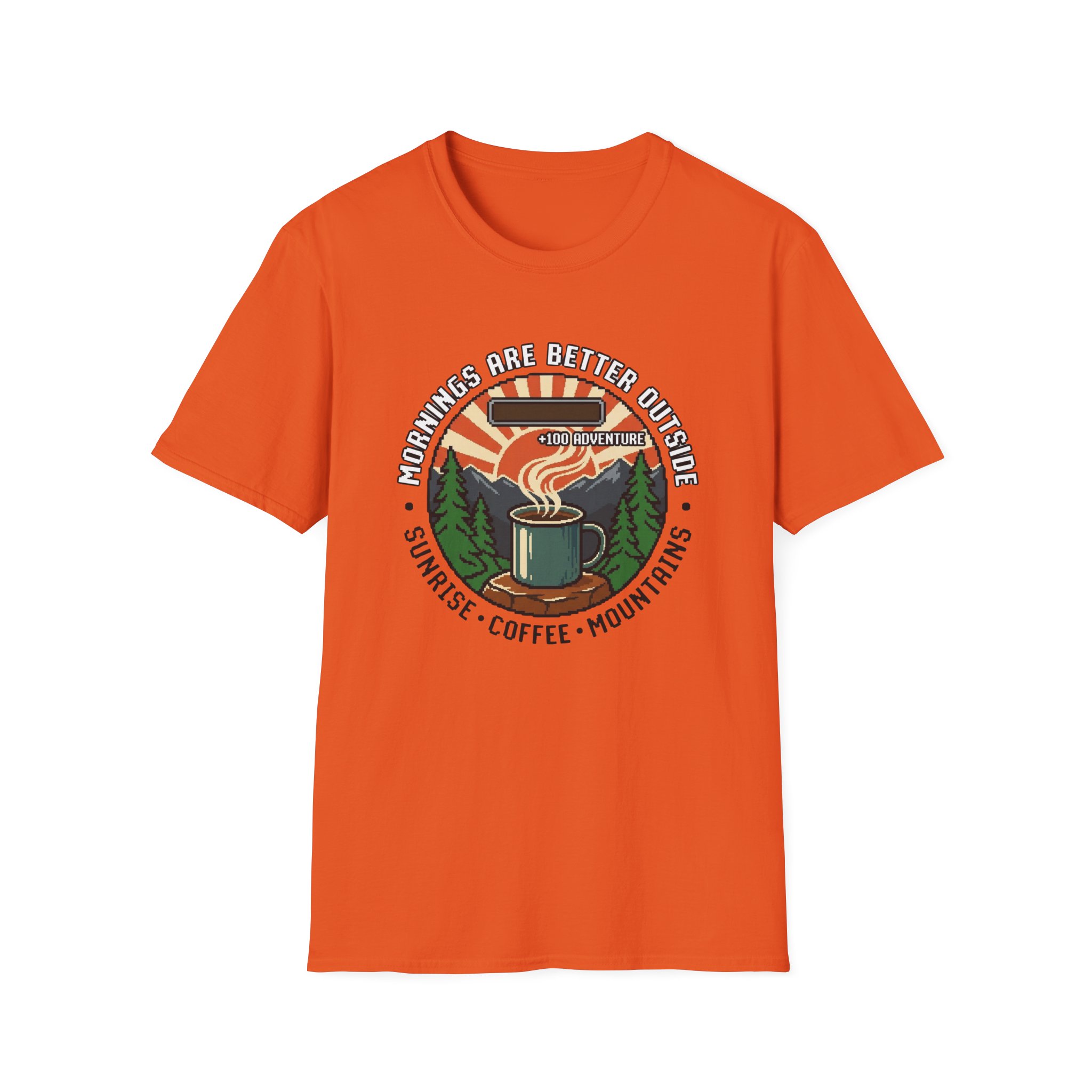 Mornings Are Better Outside T-shirt - Sunrise. Coffee. Mountains Retro Game Design - Image 11