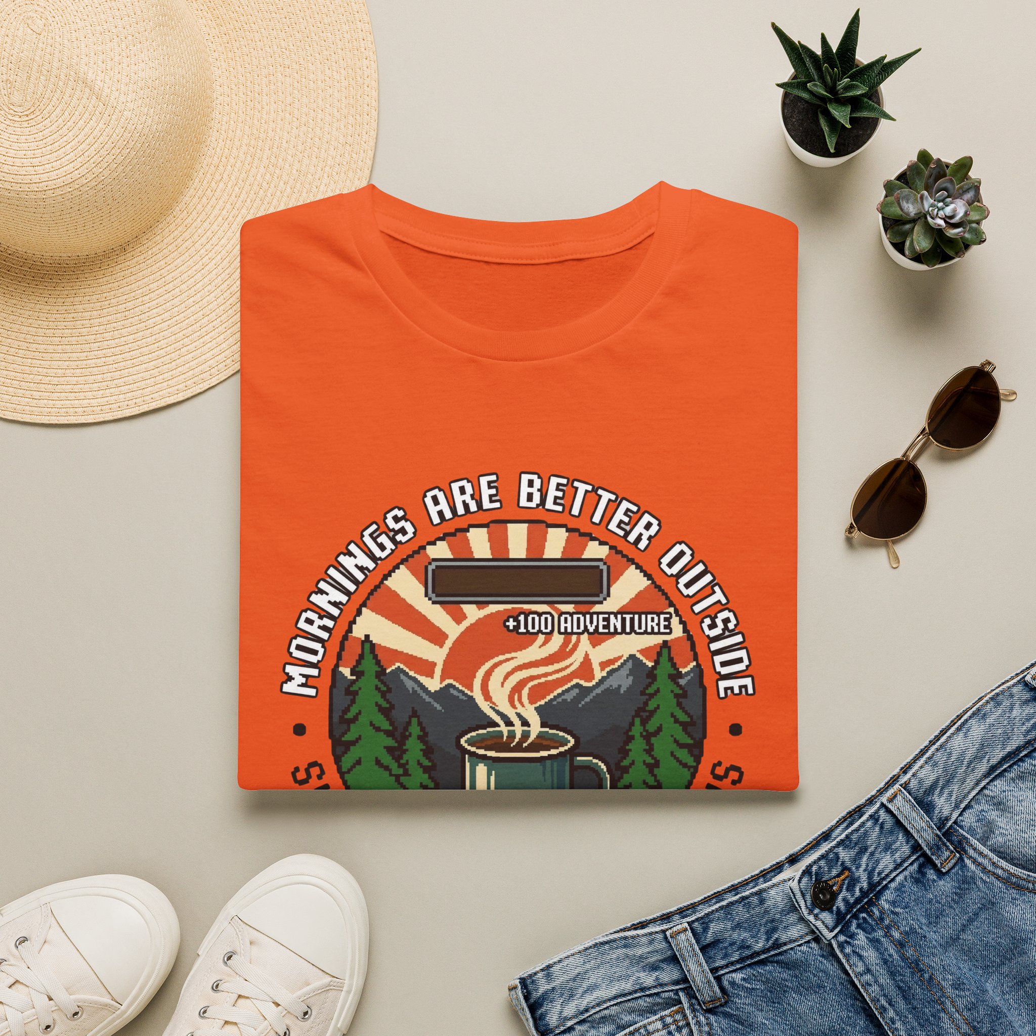Mornings Are Better Outside T-shirt - Sunrise. Coffee. Mountains Retro Game Design - Image 9