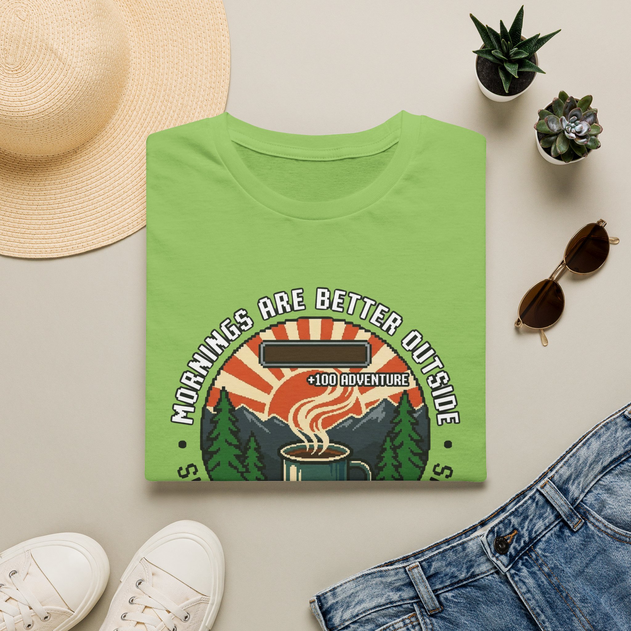 Mornings Are Better Outside T-shirt - Sunrise. Coffee. Mountains Retro Game Design - Image 25