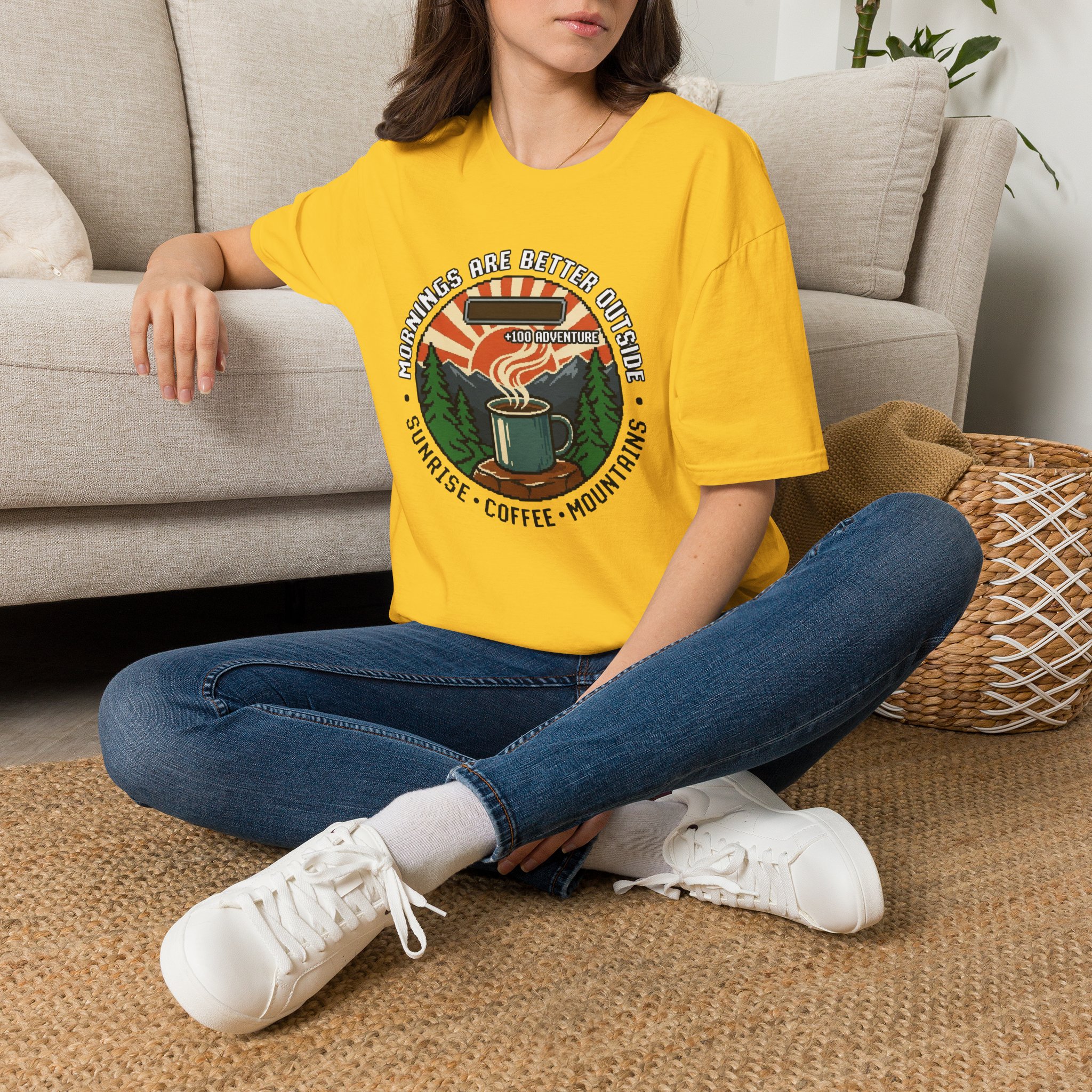 Mornings Are Better Outside T-shirt - Sunrise. Coffee. Mountains Retro Game Design - Image 14