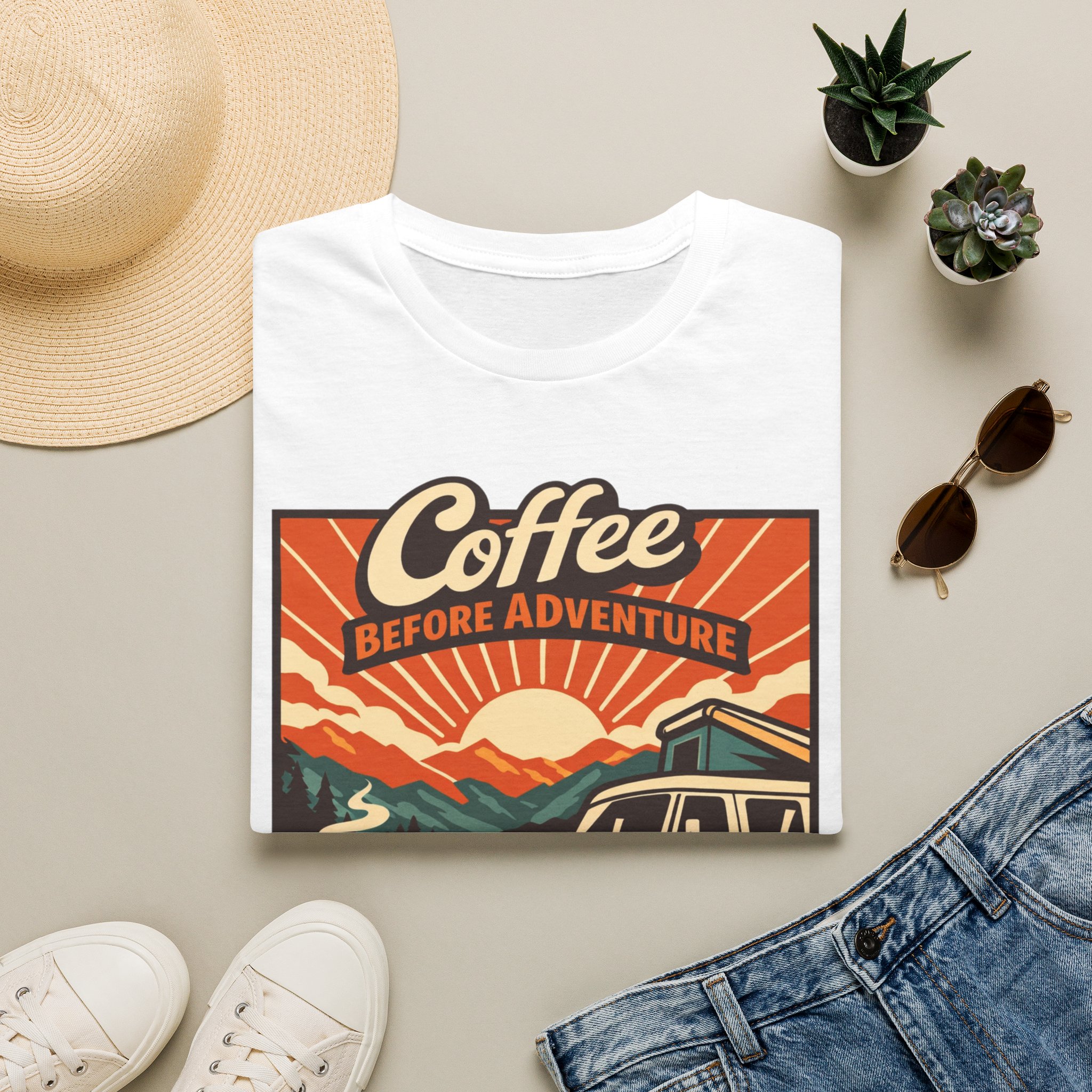 Coffee Before Adventure T-Shirt | Camper Van, Sunrise Camping Graphic