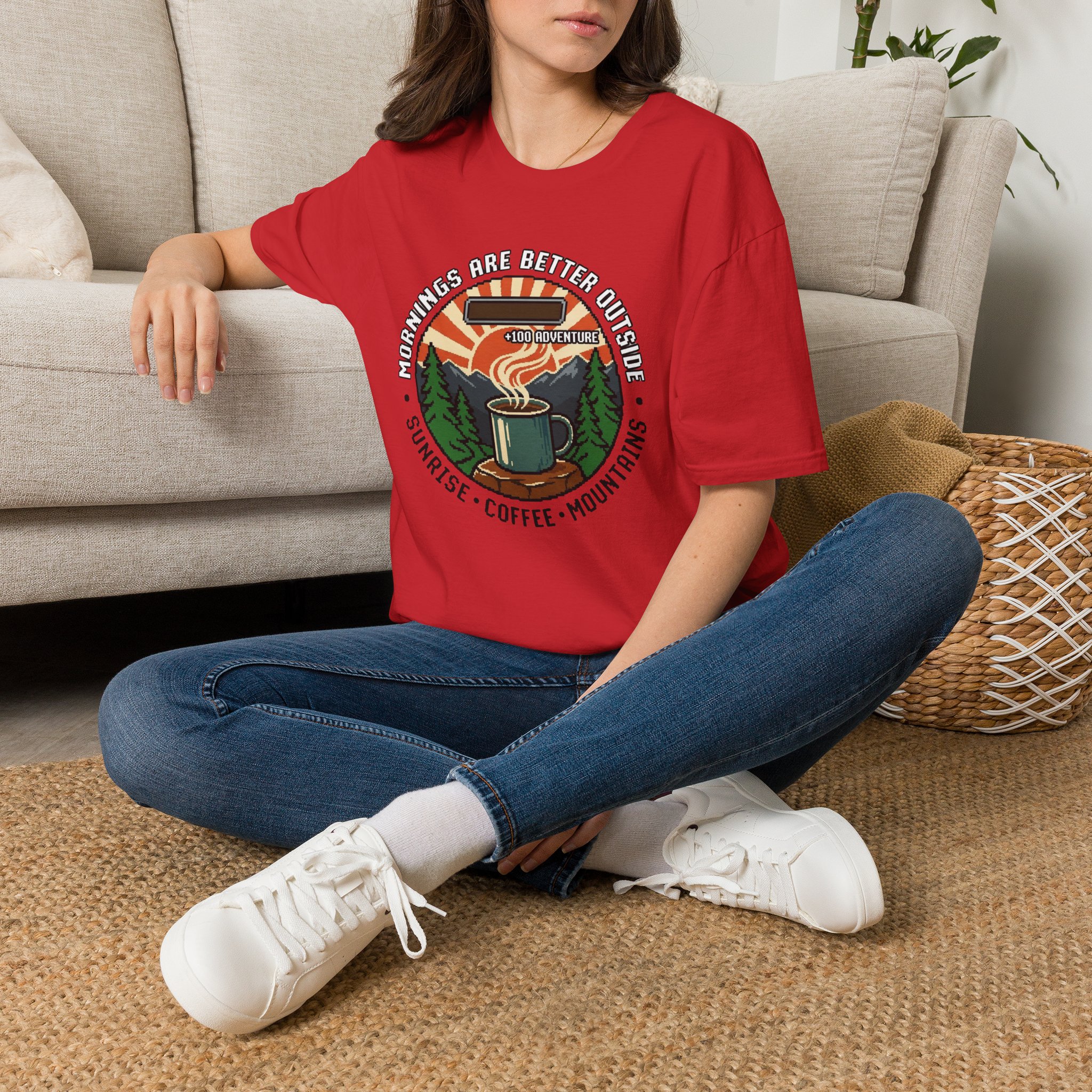 Mornings Are Better Outside T-shirt - Sunrise. Coffee. Mountains Retro Game Design - Image 42