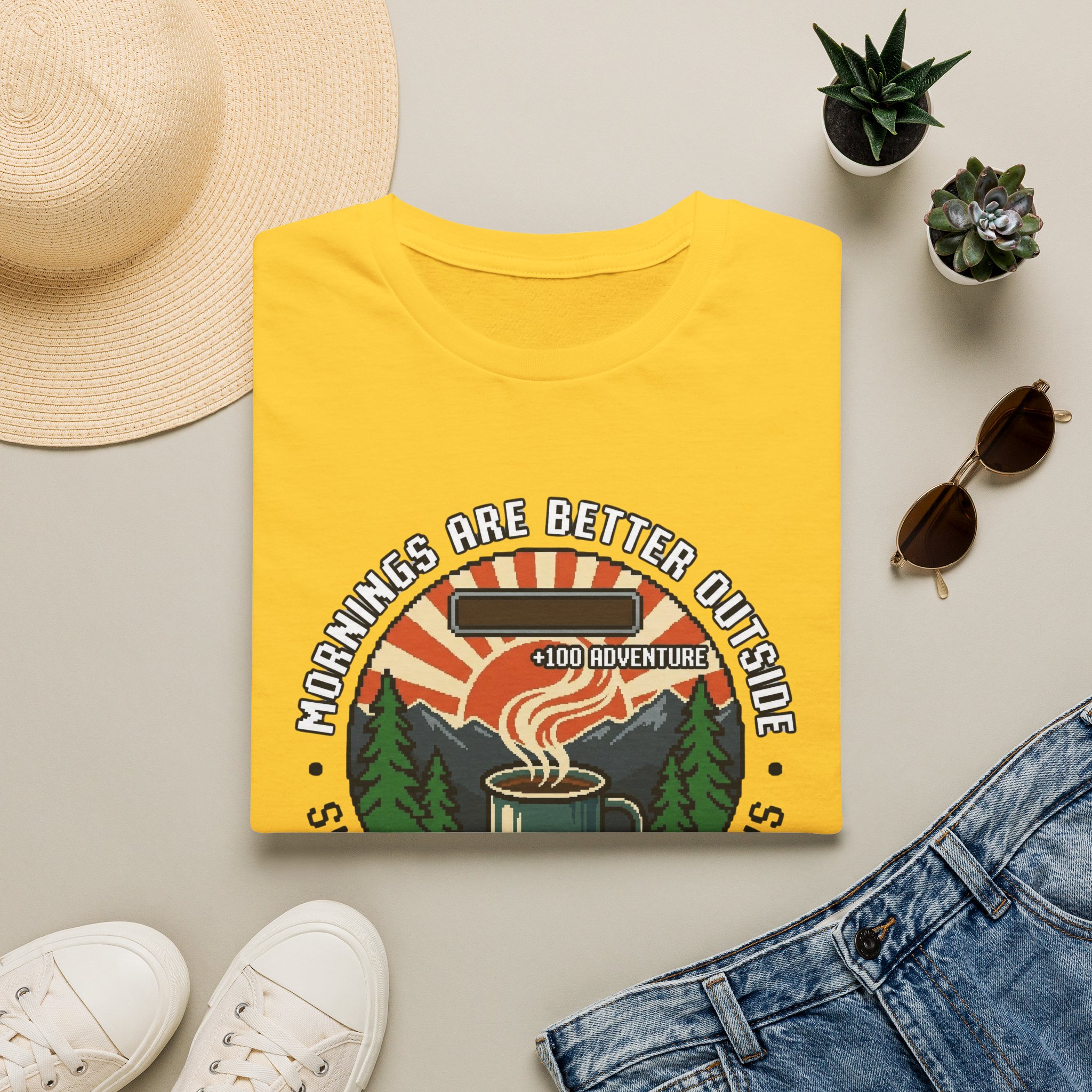 Mornings Are Better Outside T-shirt - Sunrise. Coffee. Mountains Retro Game Design - Image 13