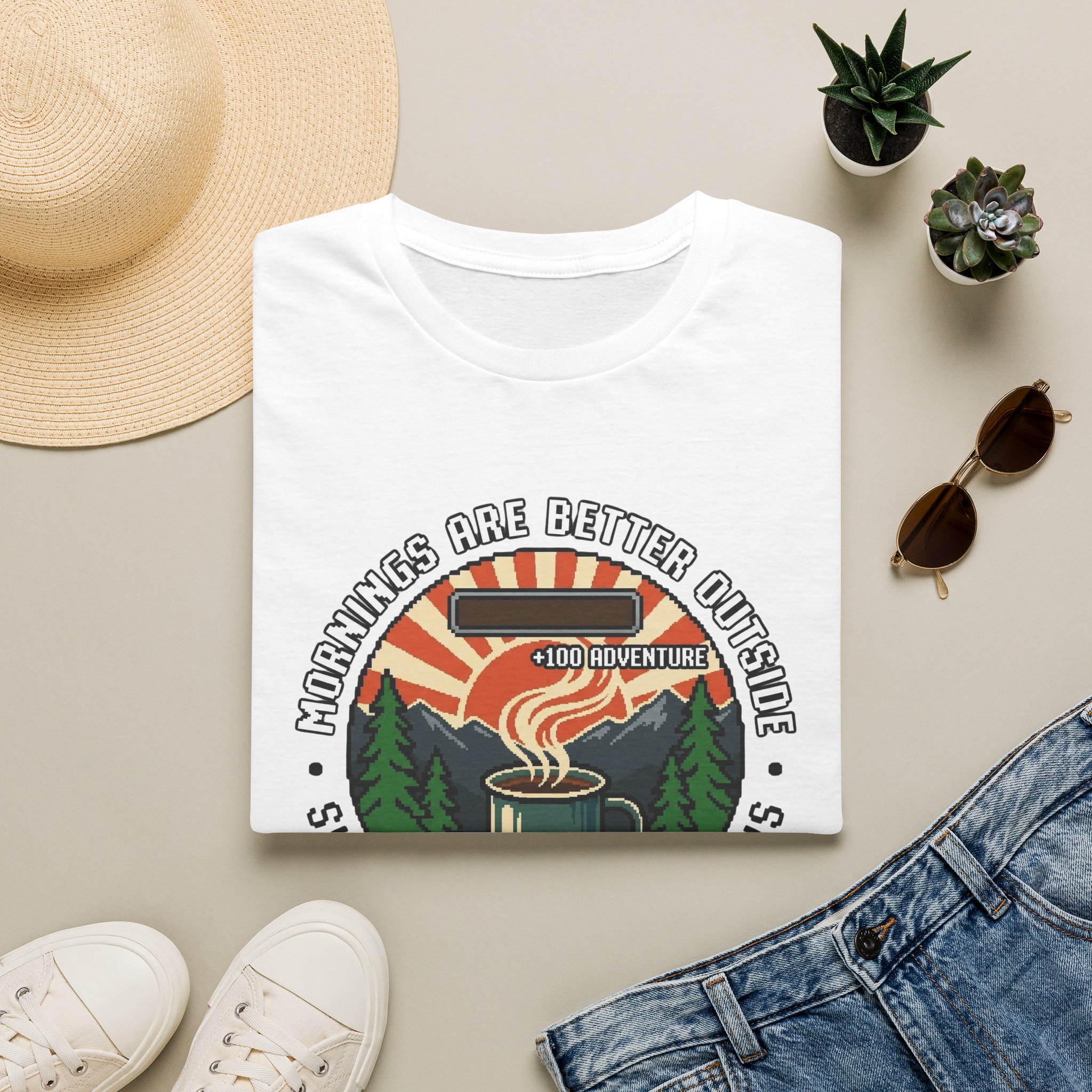 Mornings Are Better Outside T-shirt - Sunrise. Coffee. Mountains Retro Game Design