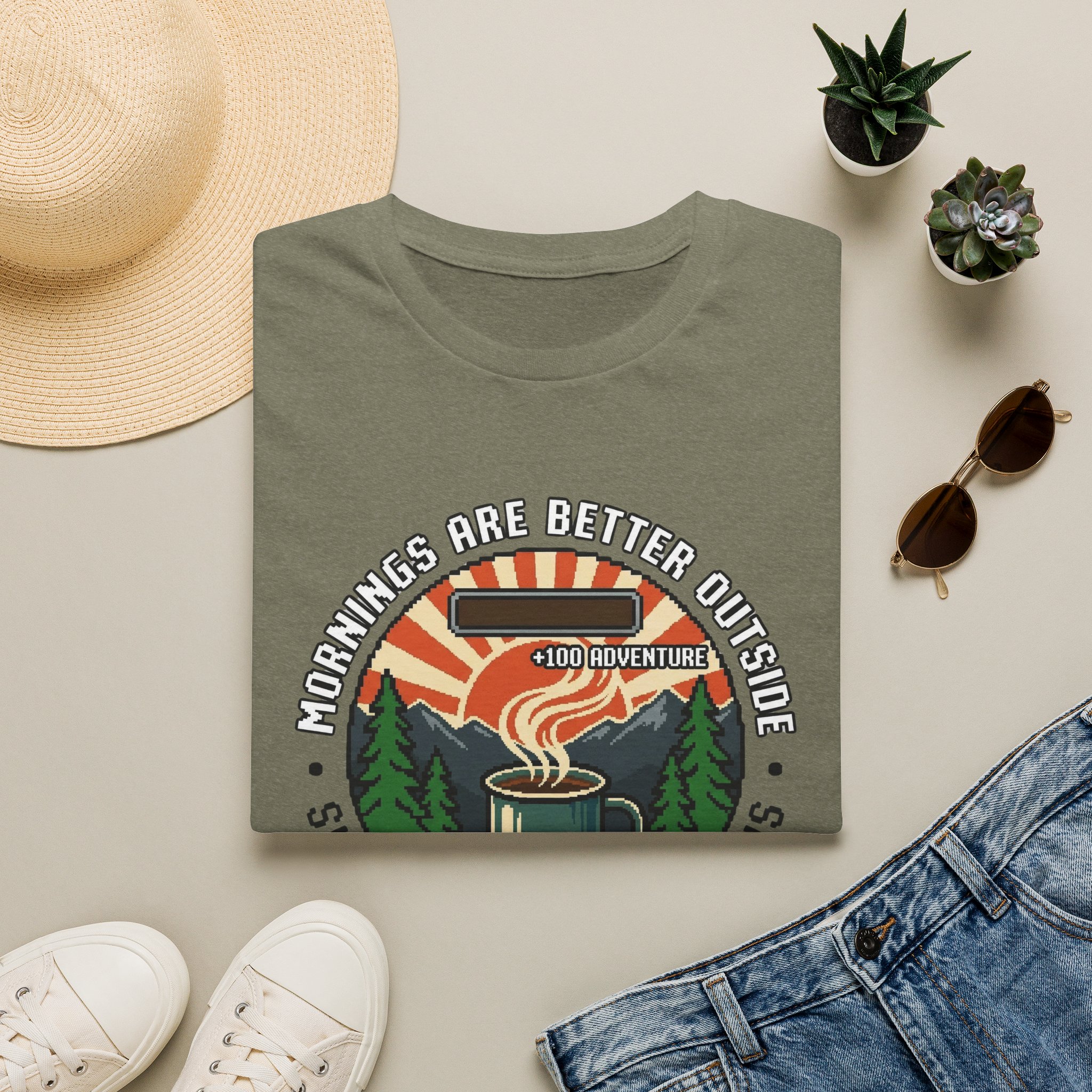 Mornings Are Better Outside T-shirt - Sunrise. Coffee. Mountains Retro Game Design - Image 17