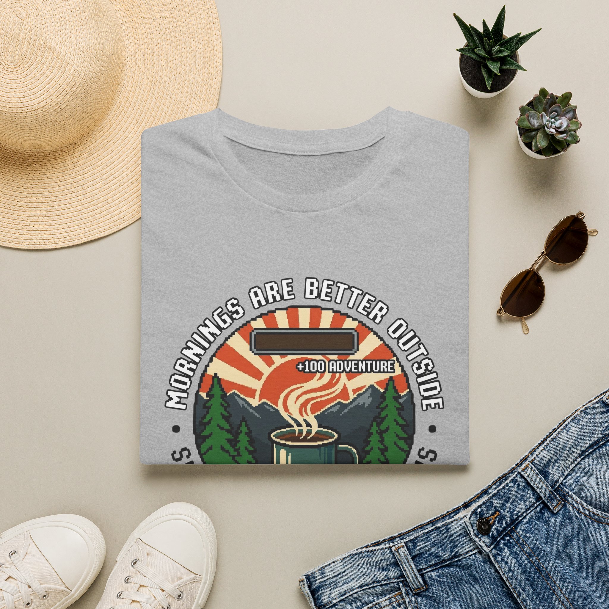 Mornings Are Better Outside T-shirt - Sunrise. Coffee. Mountains Retro Game Design - Image 5