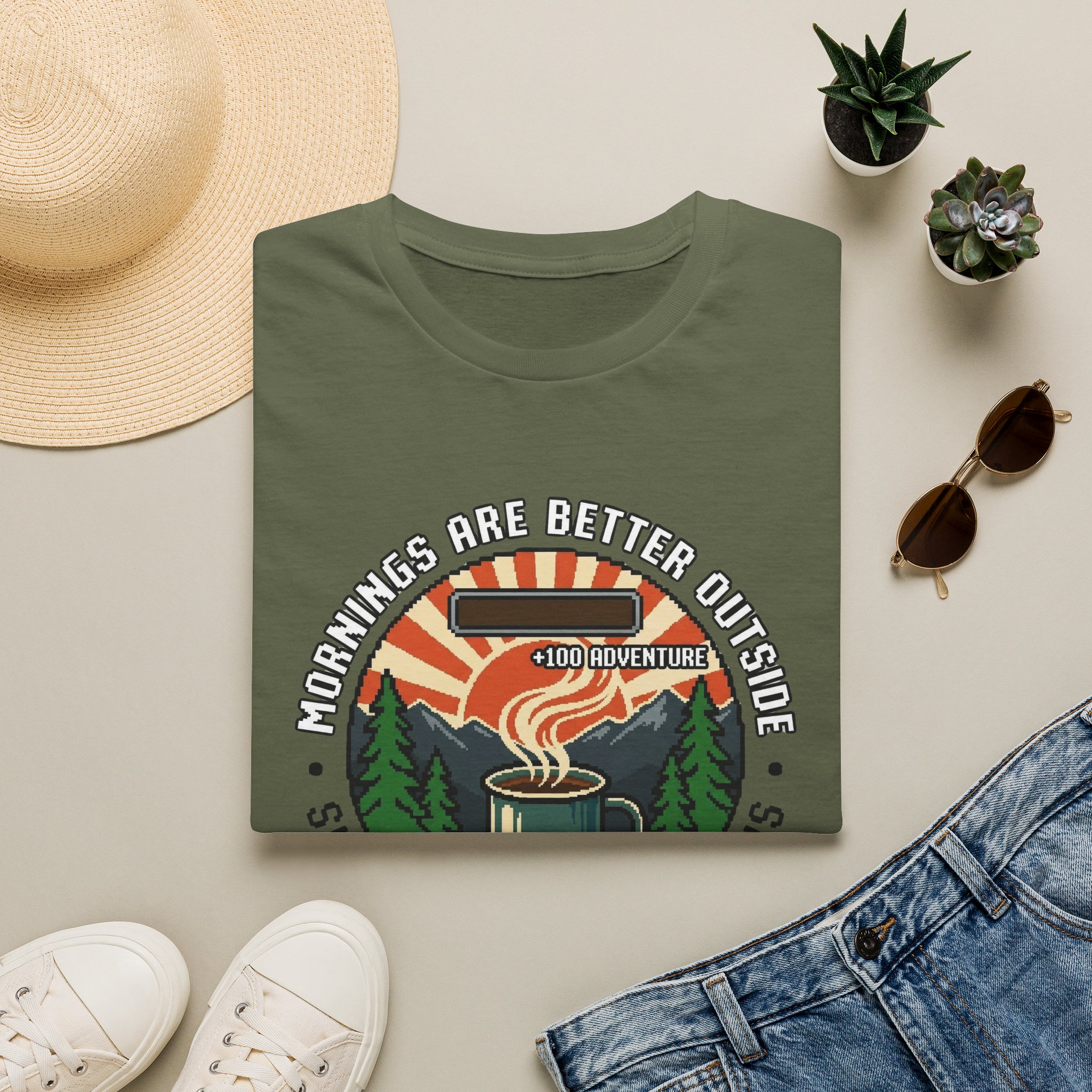 Mornings Are Better Outside T-shirt - Sunrise. Coffee. Mountains Retro Game Design - Image 21