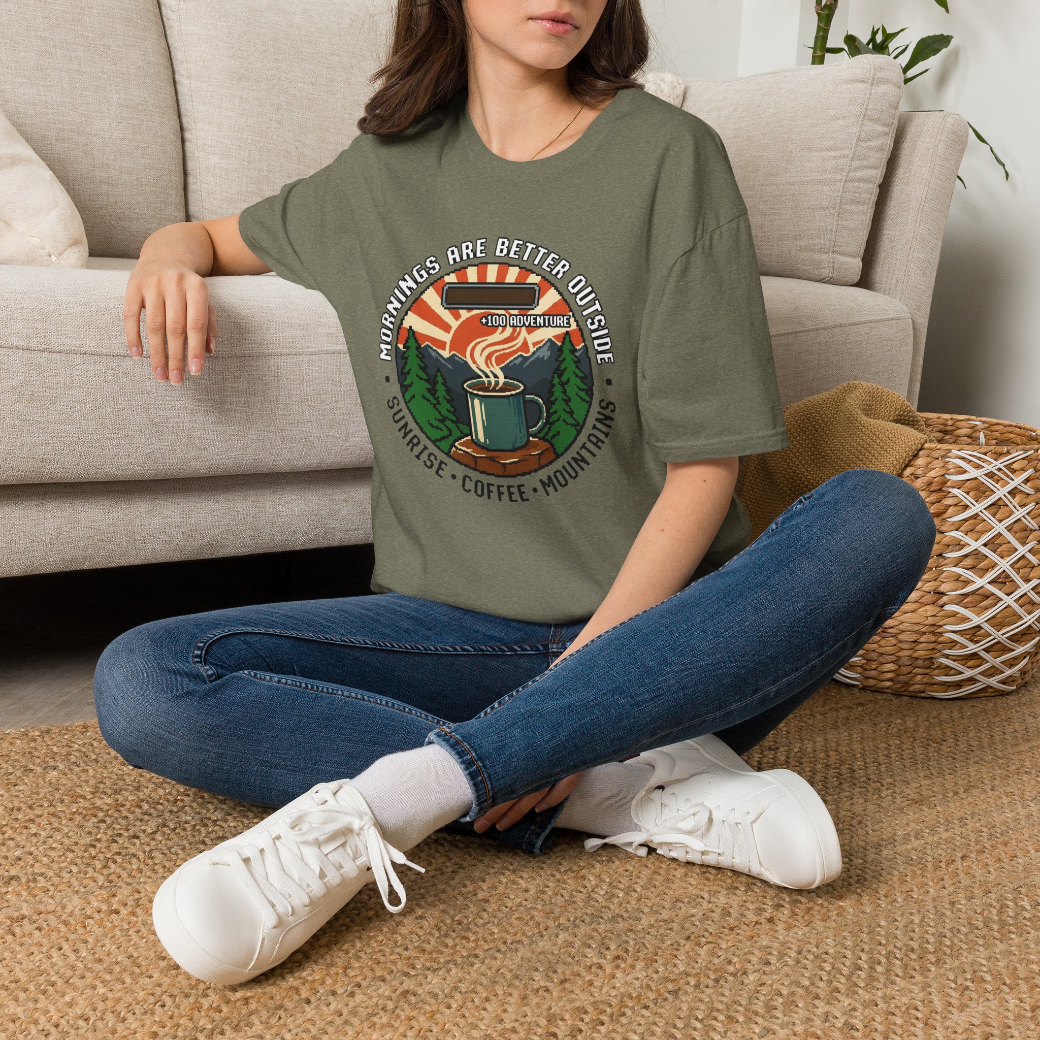 Mornings Are Better Outside T-shirt - Sunrise. Coffee. Mountains Retro Game Design - Image 18
