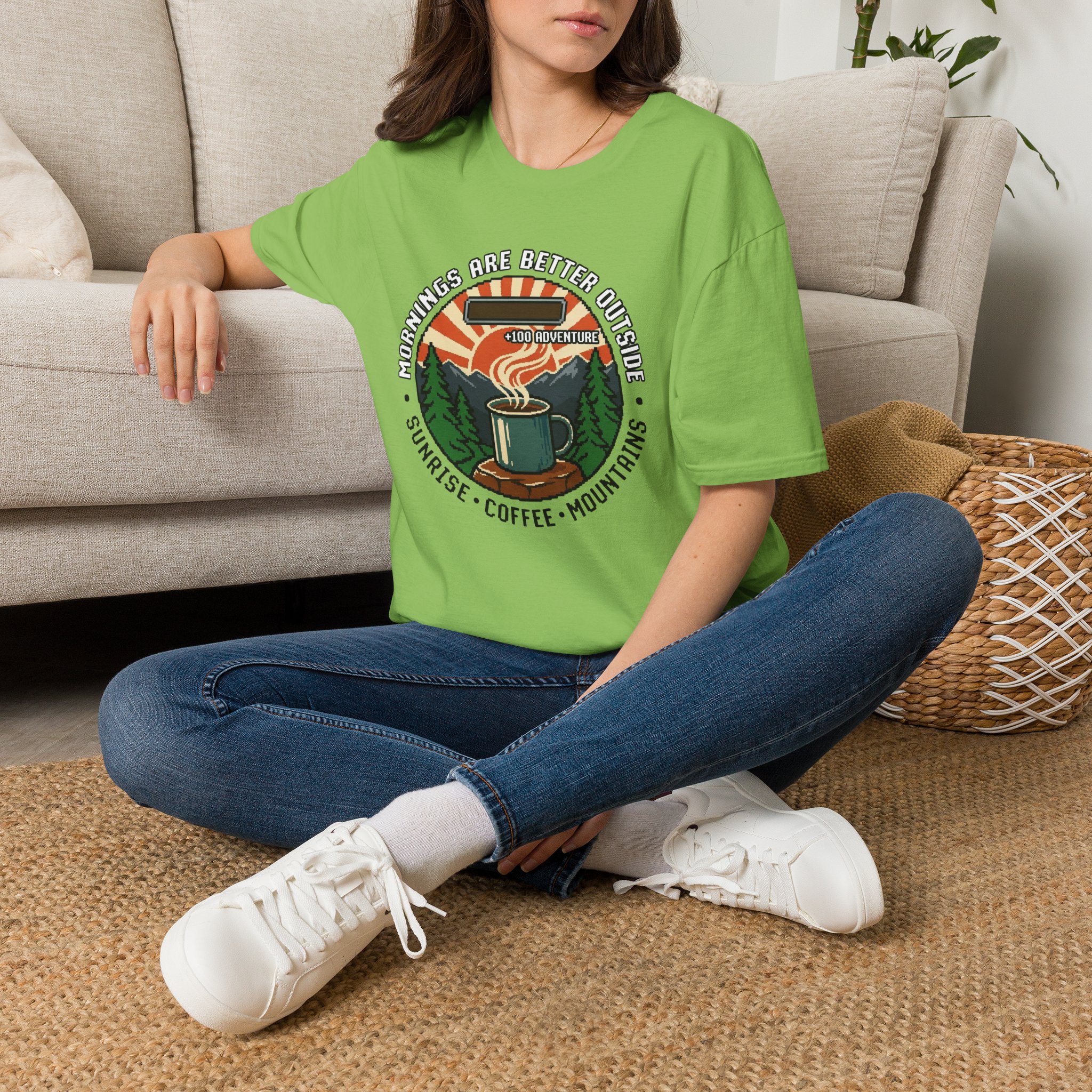 Mornings Are Better Outside T-shirt - Sunrise. Coffee. Mountains Retro Game Design - Image 26