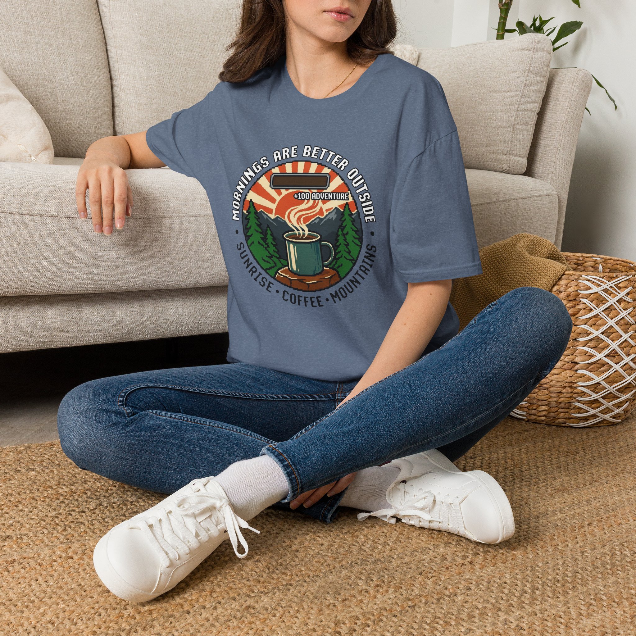 Mornings Are Better Outside T-shirt - Sunrise. Coffee. Mountains Retro Game Design - Image 34